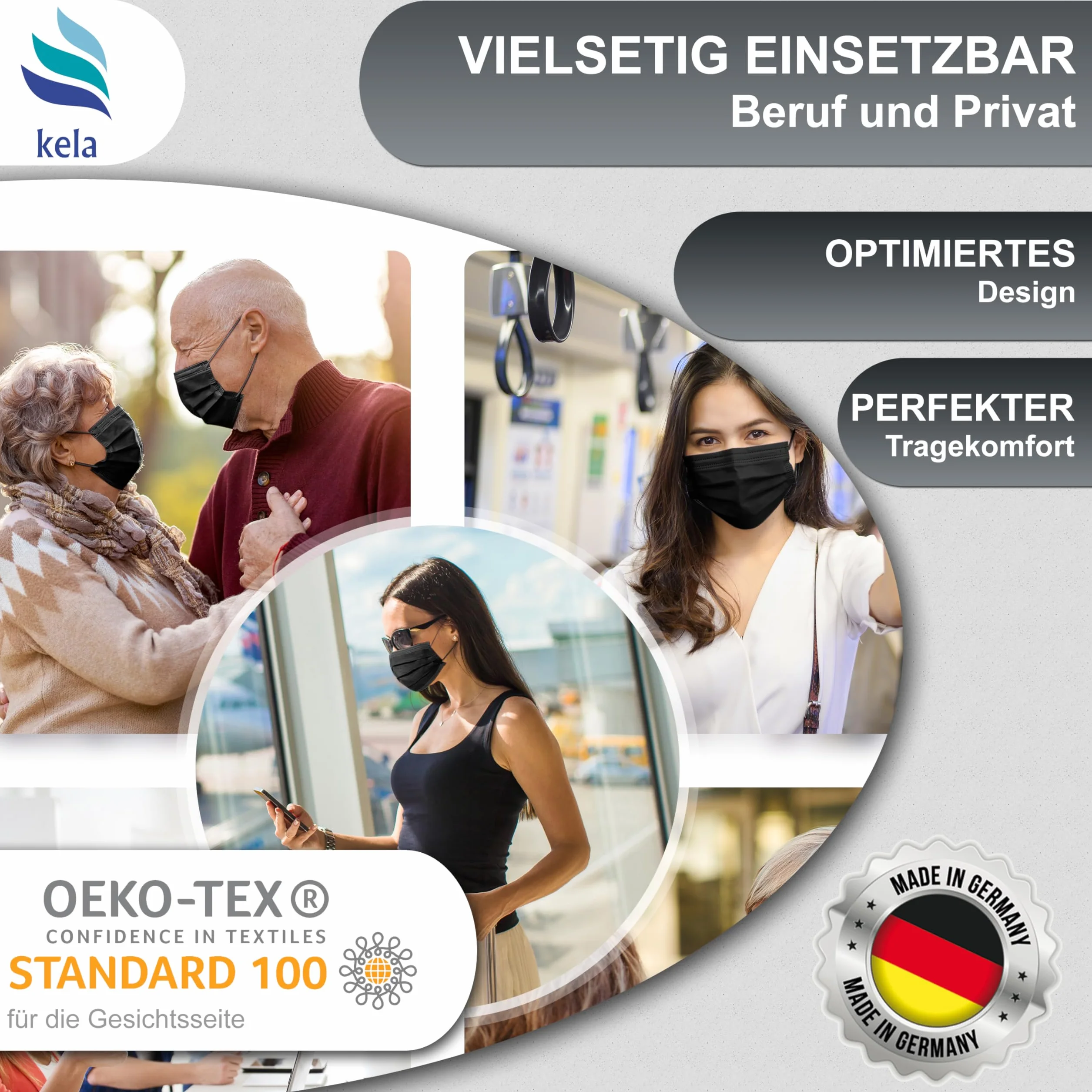 kela®, Maska medyczna, czarna, Made in Germany, maska medyczna do ochrony ust i nosa, jednorazowa maska chirurgiczna, certyfikat CE, DIN EN 14683 typ IIR, BFE > 99,9%, 3-warstwowa
