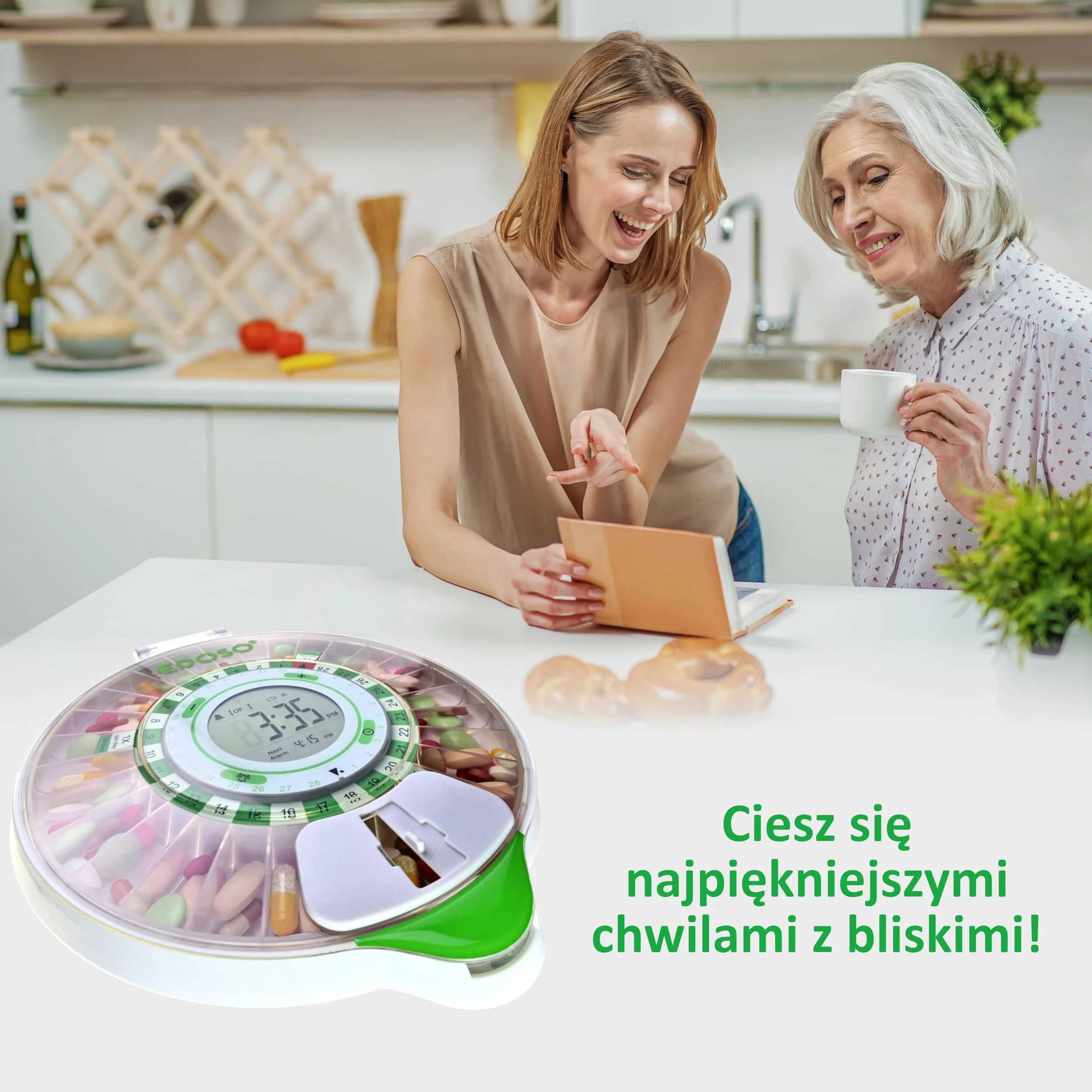 Automatyczny dozownik leków z alarmem | Model 2021 | 9 alarmów dziennie | Duży wyświetlacz i przyciski | Szablony do dozowania | 2 bezpieczne zamki | Duży pojemnik na lekarstwa