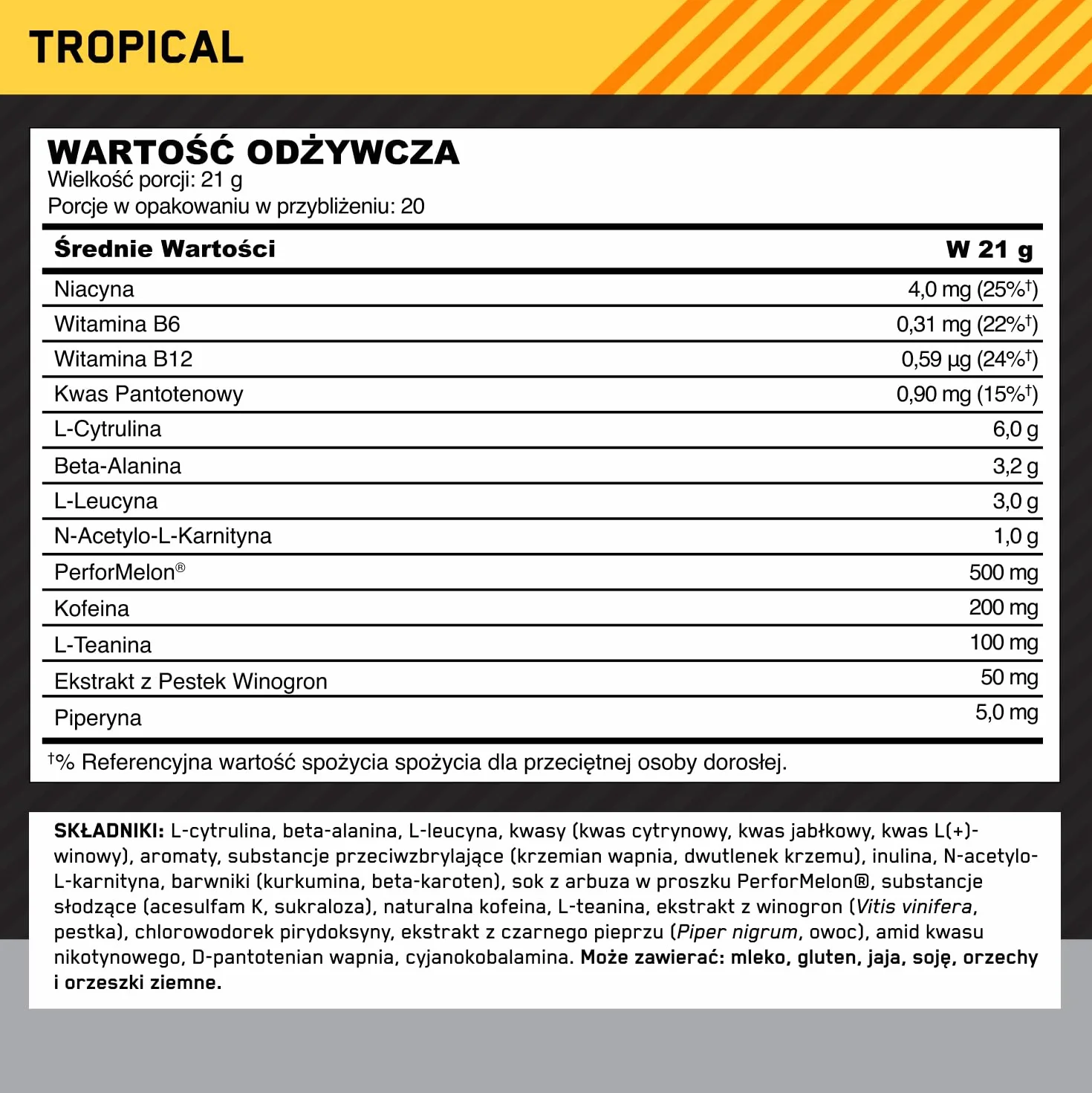 Optimum Nutrition Gold Standard przedtreningowa odżywka energetyczna Tropical 420 g 20 porcji