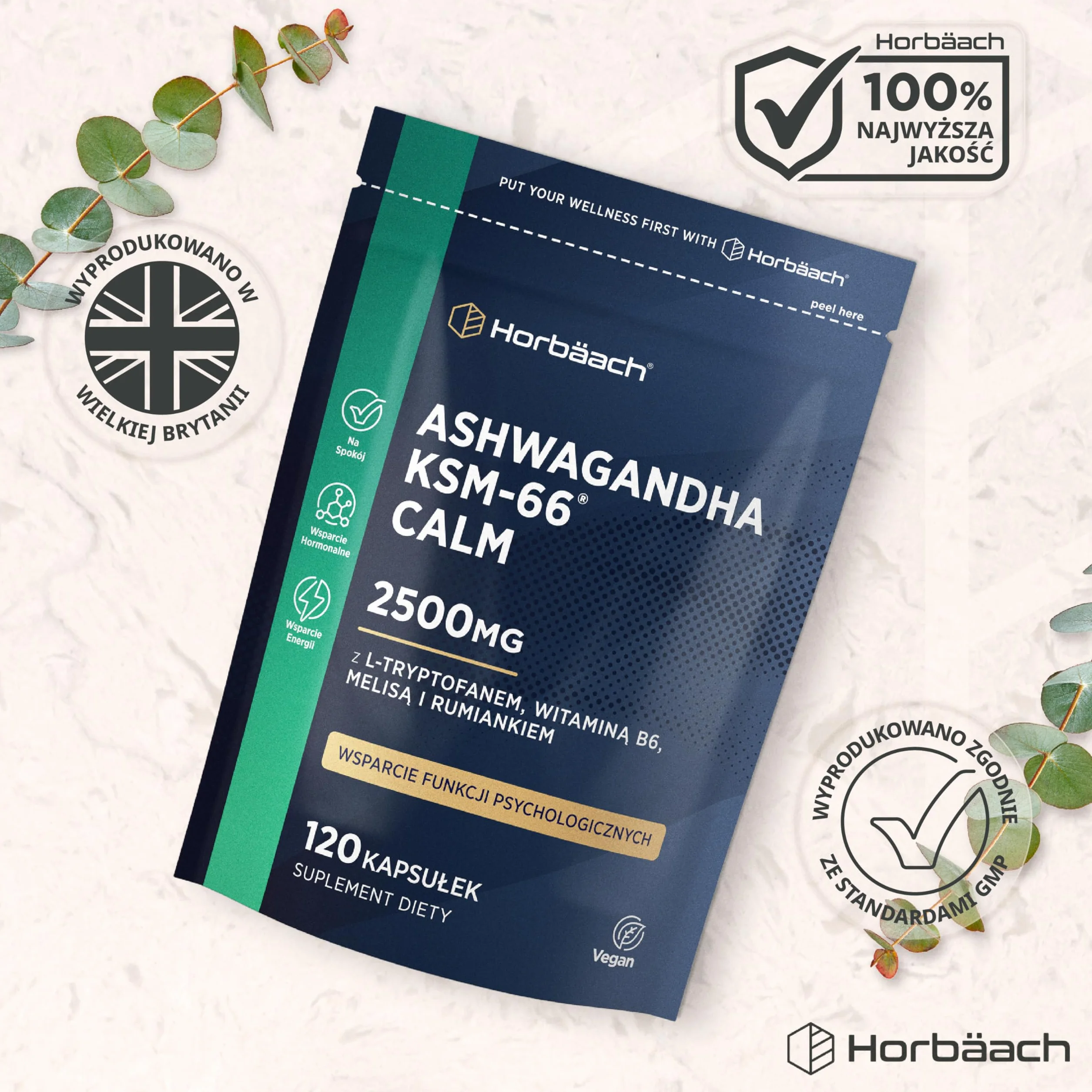 Ashwagandha KSM-66® 5000mg z Dodatkiem Aminokwasów oraz Witamin z Grupy B (B1, B2, B3, B6 i B12) | Formuła Wspierająca Spokój dla Kobiet i Mężczyzn | 60 Wegańskich Kapsułek | marki Horbaach