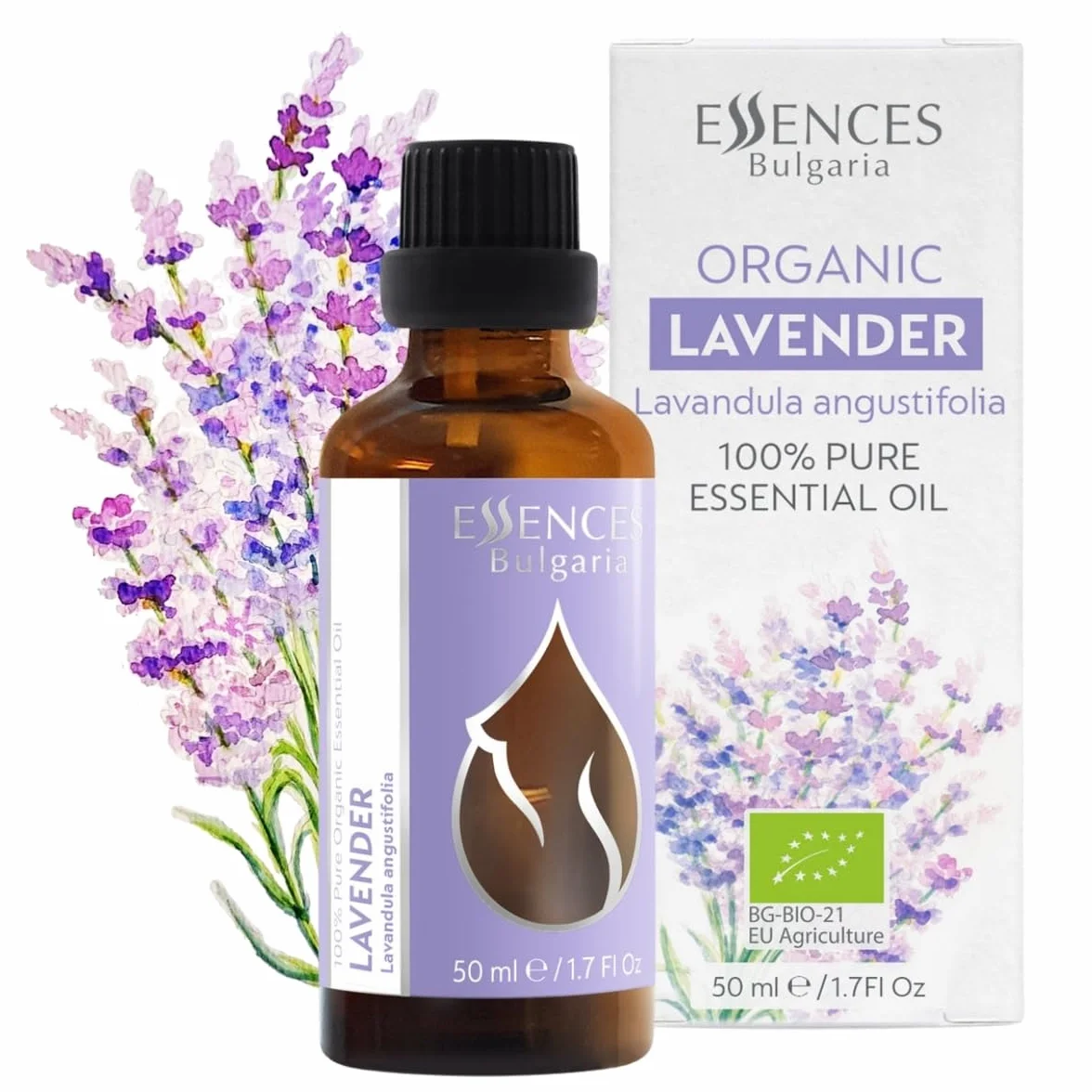 Essences Bułgaria Organiczny Olejek Eteryczny z Lawendy 50ml Lavandula angustifolia | 100% Czysty i Naturalny | Nierozcieńczony | Klasa terapeutyczna | Gospodarstwo rodzinne | Destylowany z parą wodną
