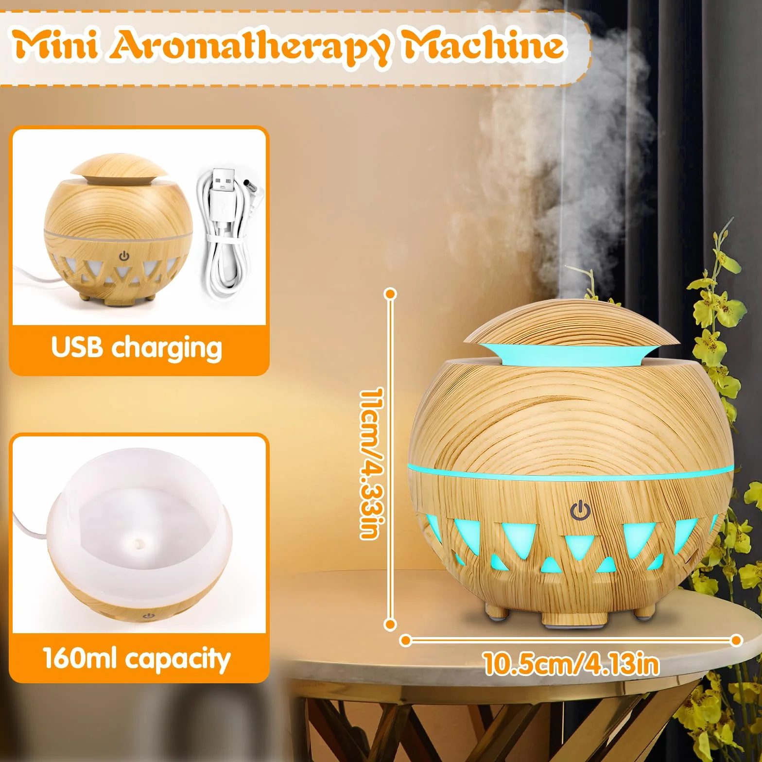 Dyfuzor z olejkami eterycznymi, 160ml, USB, 7 kolorami diod LED, automatyczne wyłączanie w przypadku braku wody, ultradźwiękowy dyfuzor do aromaterapia do domu, biura lub jogi