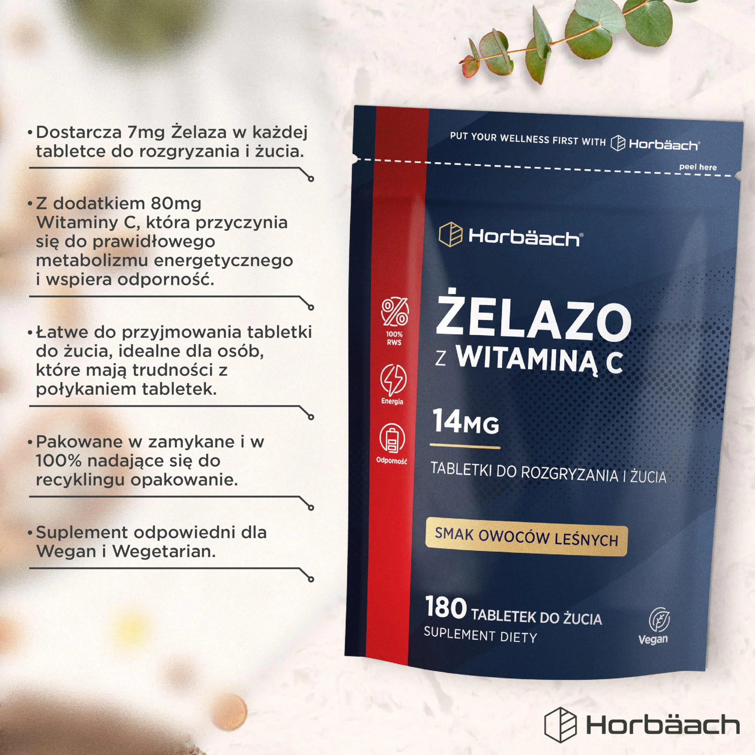 Horbaach Żelazo Tabletki 14 mg z Witaminą C 80 mg 180 Tabletek Do Rozgryzania i Żucia Suplement Dla Kobiet i Mężczyzn