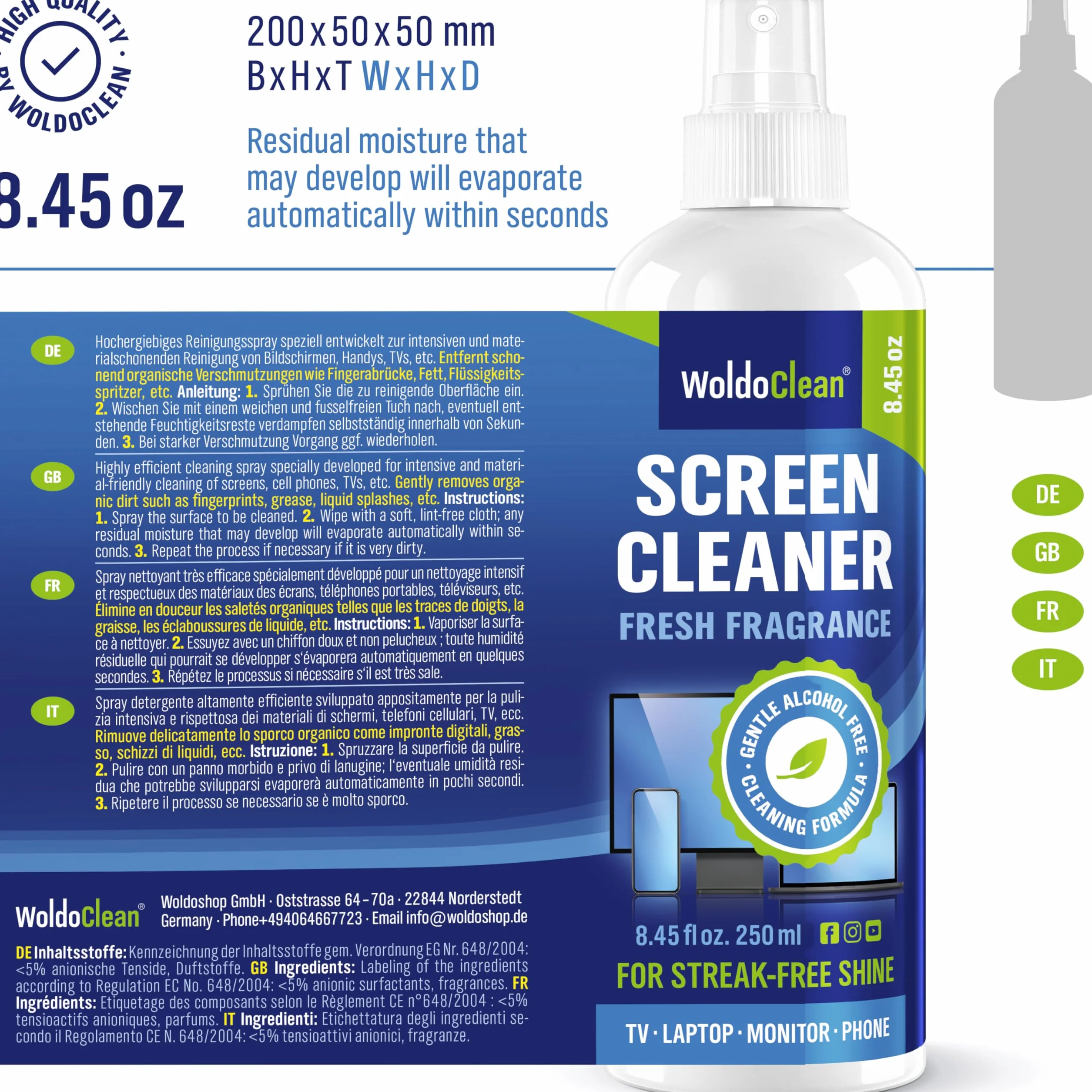 WoldoClean Czyścik do ekranów & spray do wyświetlaczy 250 ml – antystatyczny środek czyszczący do TV, monitora, laptopa, telewizora, smartfona i ekranów dotykowych w samochodzie