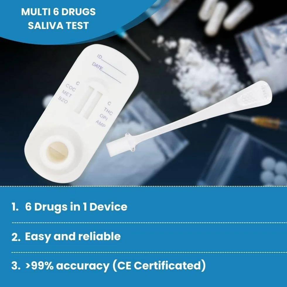 Multi Test na 6 leków ślinowych: amfetamina, benzodiazepina, kokaina, konopie THC, metamfetamina i opiaty