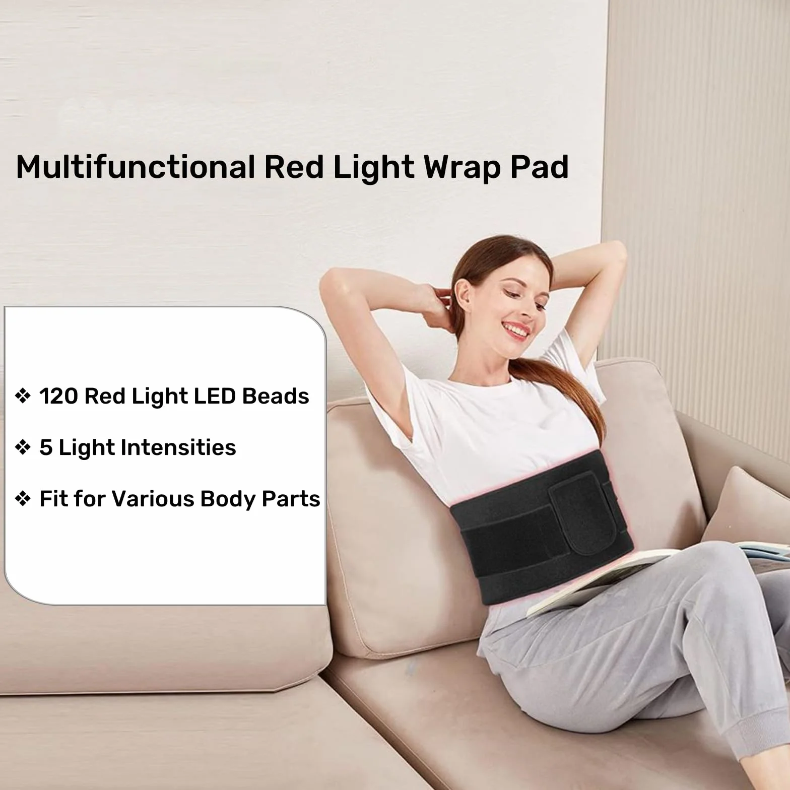 Red Light Wrap Pad - mata impulsowa na podczerwień z czerwonym światłem 660 nm i 850 nm bliskiej podczerwieni, 45 x 20 cm z regulowanym odpinanym paskiem na rzepy na ramię, talię, brzuch, udo