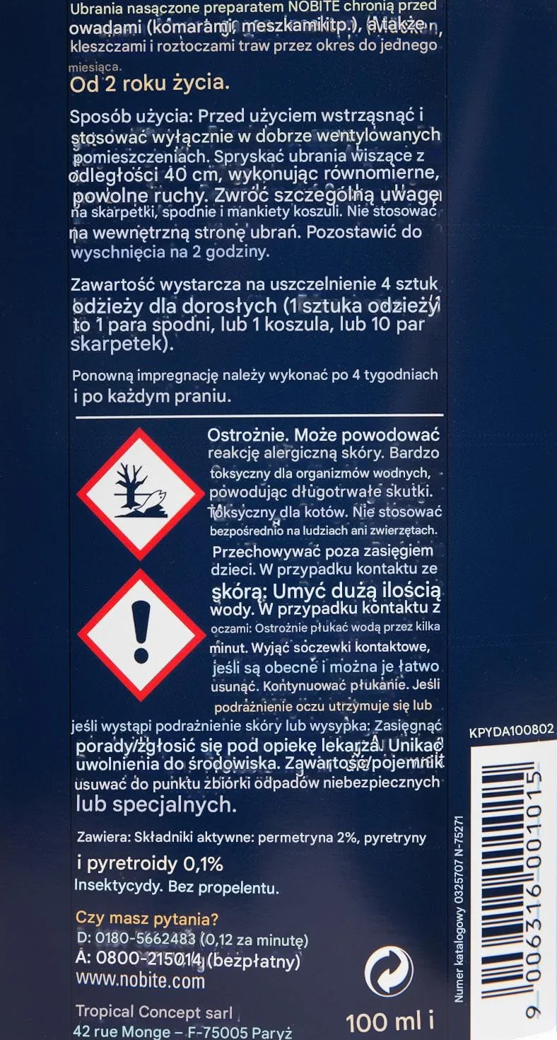 NOBITE Odzież środek do impregnacji tkanin chroniący przed owadami 100 ML