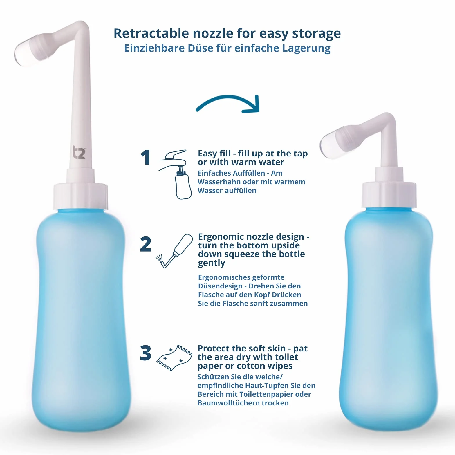 T2 Butelka na krocze - przenośny bidet do pielęgnacji poporodowej, ulga w bólu, plastikowa butelka 450 ml z dyszą 60° i zmywalną torbą do przechowywania, torba szpitalna, niezbędna dla mamy, prezent
