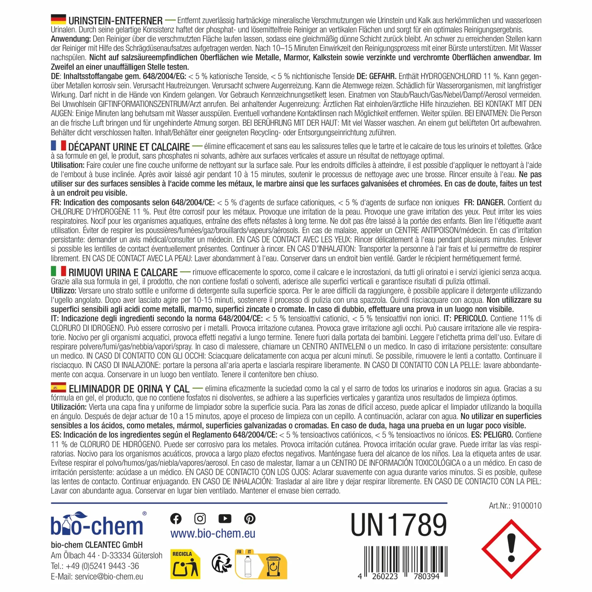 Bio-Chem - Środek do czyszczenia toalet 1L z dyszą skośną - Środek do czyszczenia łazienek z moczu i kamienia - Produkty gospodarstwa domowego do konserwacji toalet - czyszczący i dezodorant