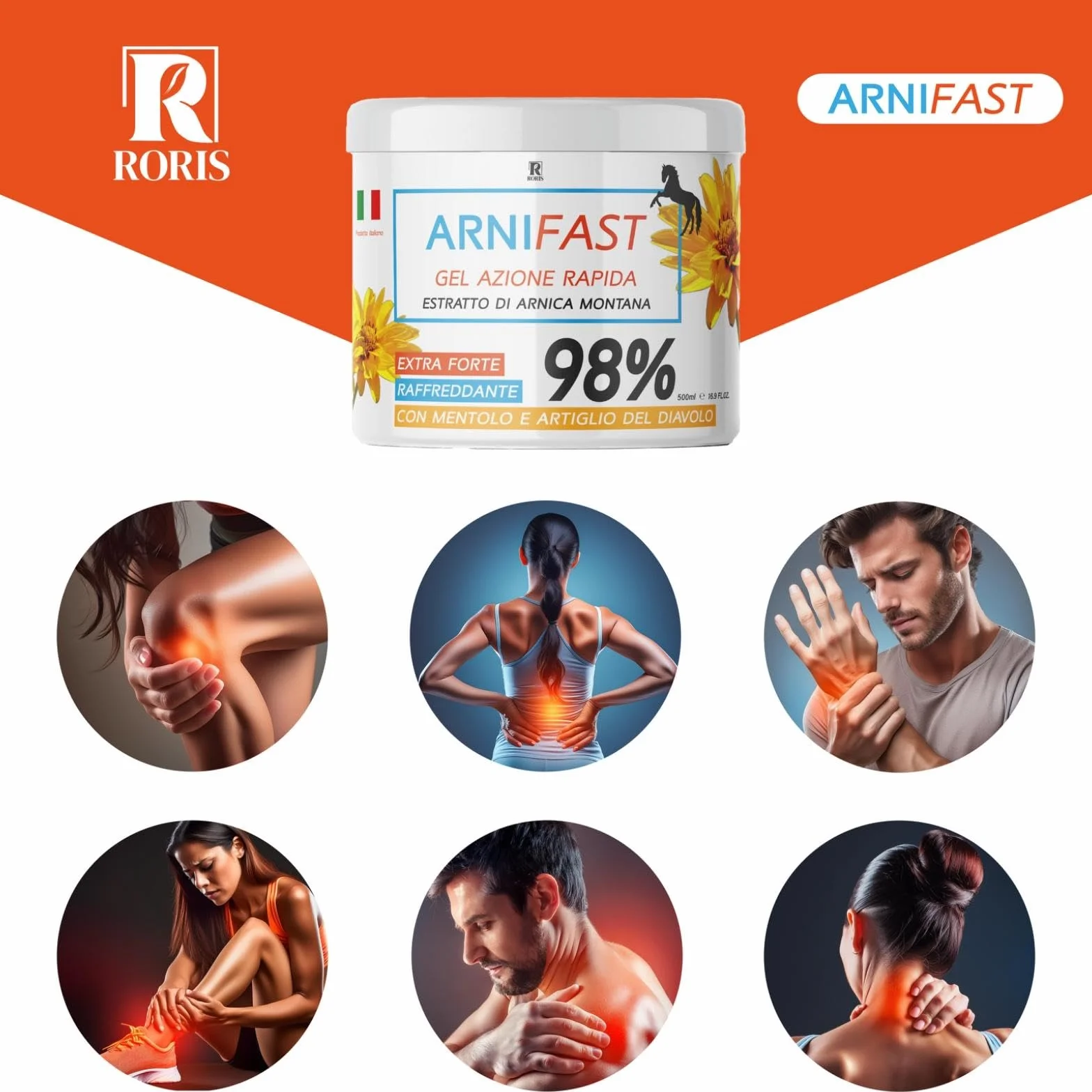 ARNIFAST arnika dla koni, 98% bardzo mocna, prawdziwy ekstrakt z arniki, szybko działający żel 500 ml, wyprodukowany we Włoszech, idealny do rozdarcia, rozciągania i masażu mięśni i stawów