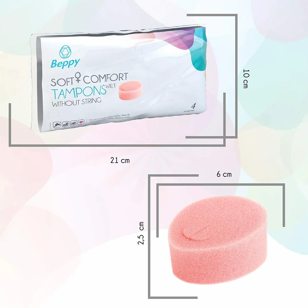 Beppy WET 4 sztuki w pudełku – pojedynczo higienicznie zapakowane, wilgotne, bez nici, miękkie tampony i tampony z gąbką, zapewniają większą swobodę w okresie (miłość, sauna, sport, pływanie)