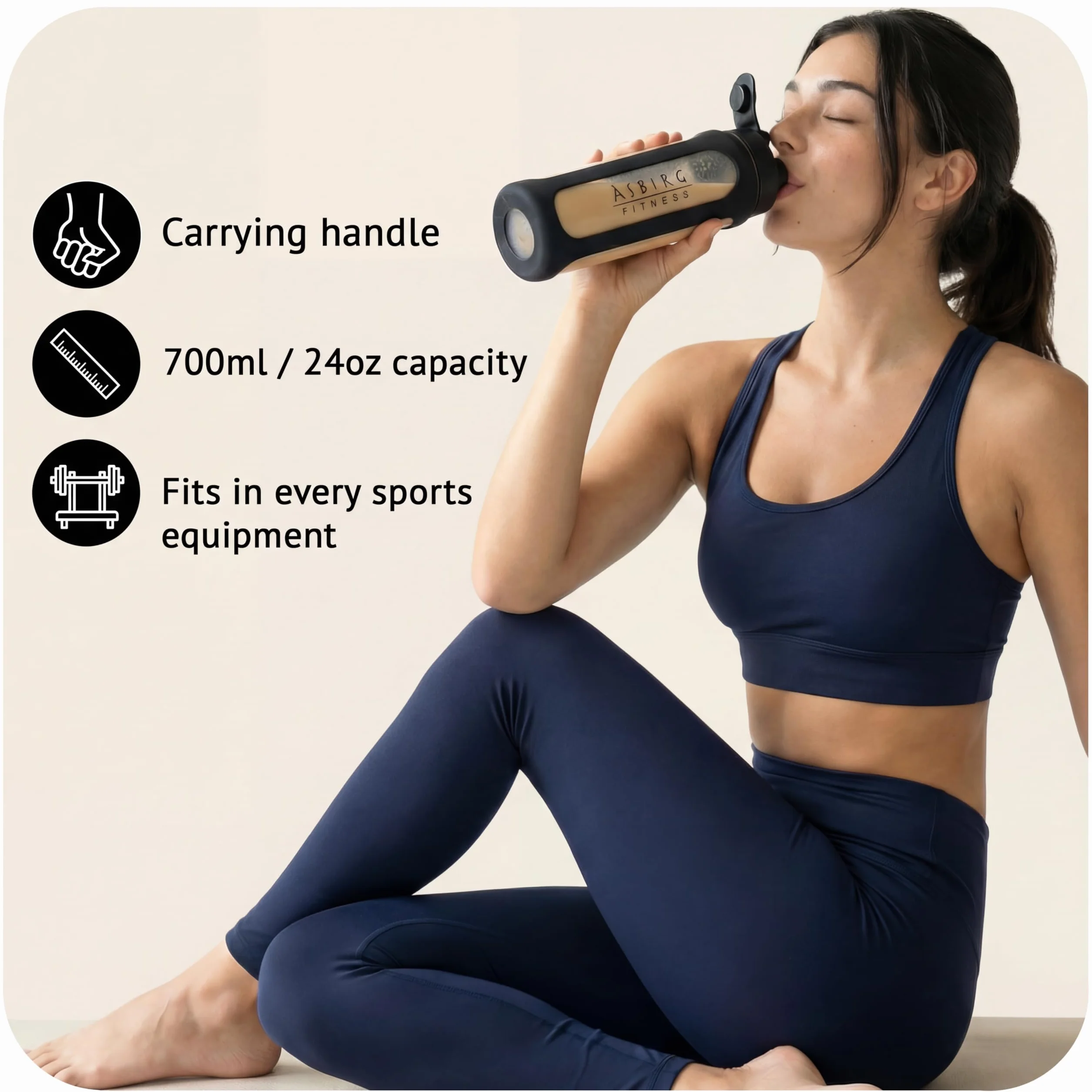 Szklana butelka proteinowa, 1000 ml, szczelna i wolna od BPA, ze szkła borokrzemowego, z kulką mieszającą, do gładkich koktajli proteinowych, smoothie, zamienników posiłków i fitnessu, czarna