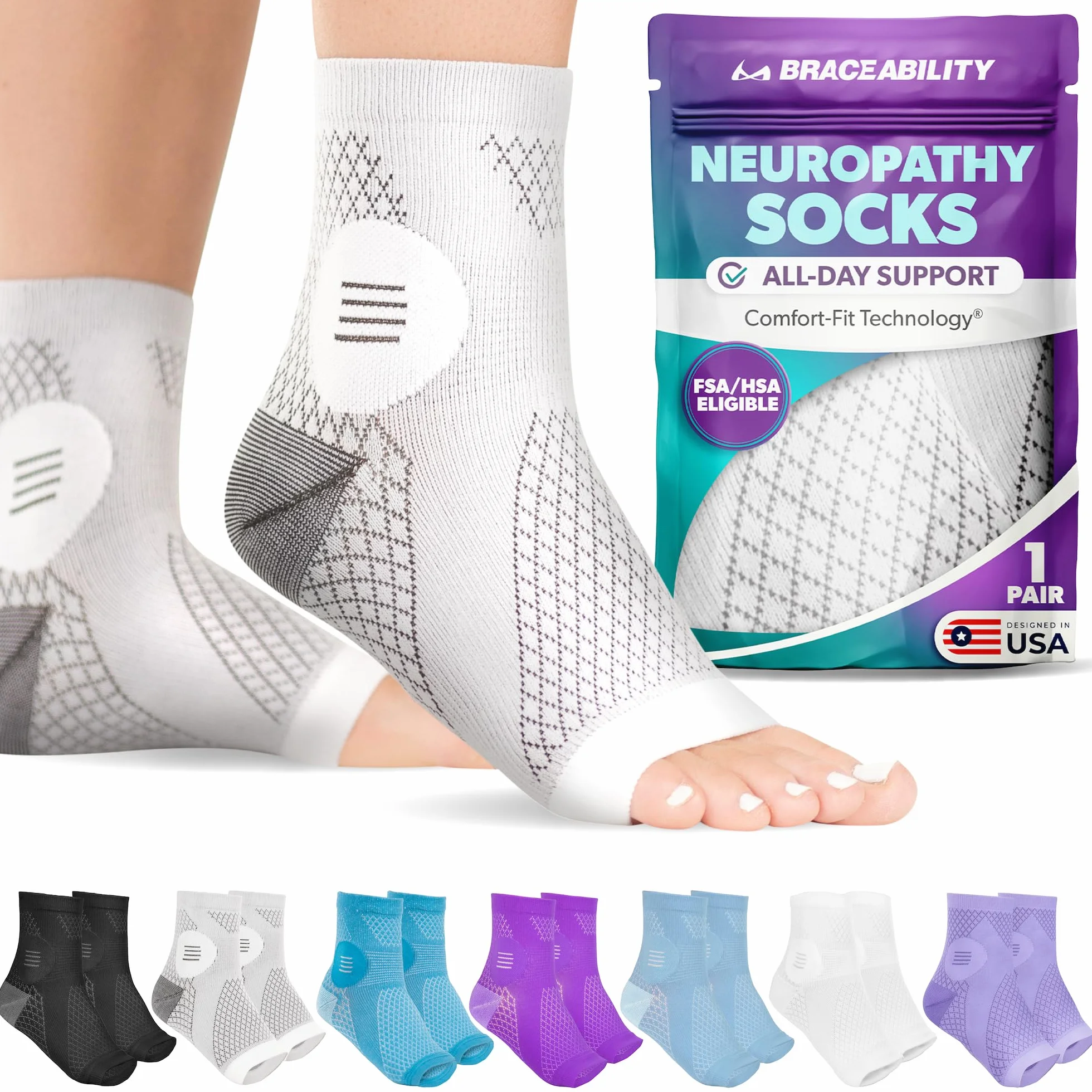 BraceAbility skarpety z kompresją obwodowego zapalenia nerwów, bez palców, XL