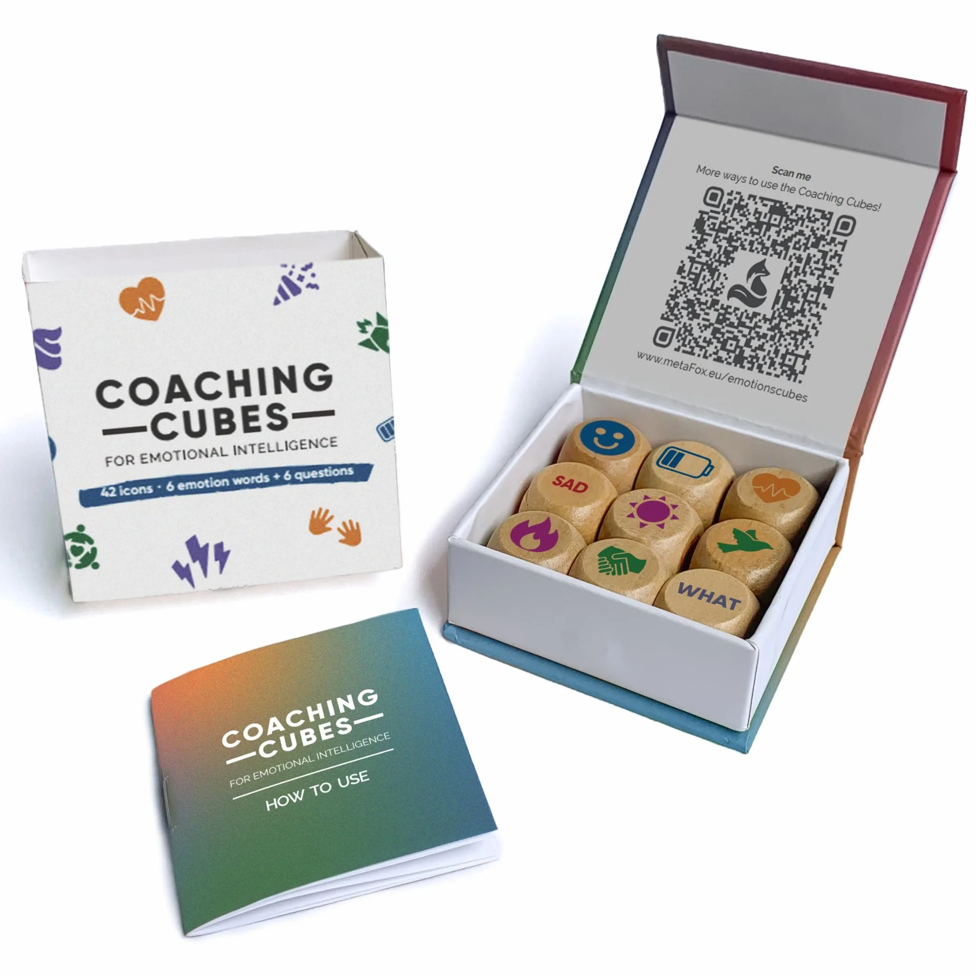 metaFox Kostki coachingowe do inteligencji emocjonalnej - 9 kostek z pytaniami coachingowymi dla emocji, rozwoju osobistego – użyj jako narzędzi terapeutycznych, kostek do opowiadania, gier