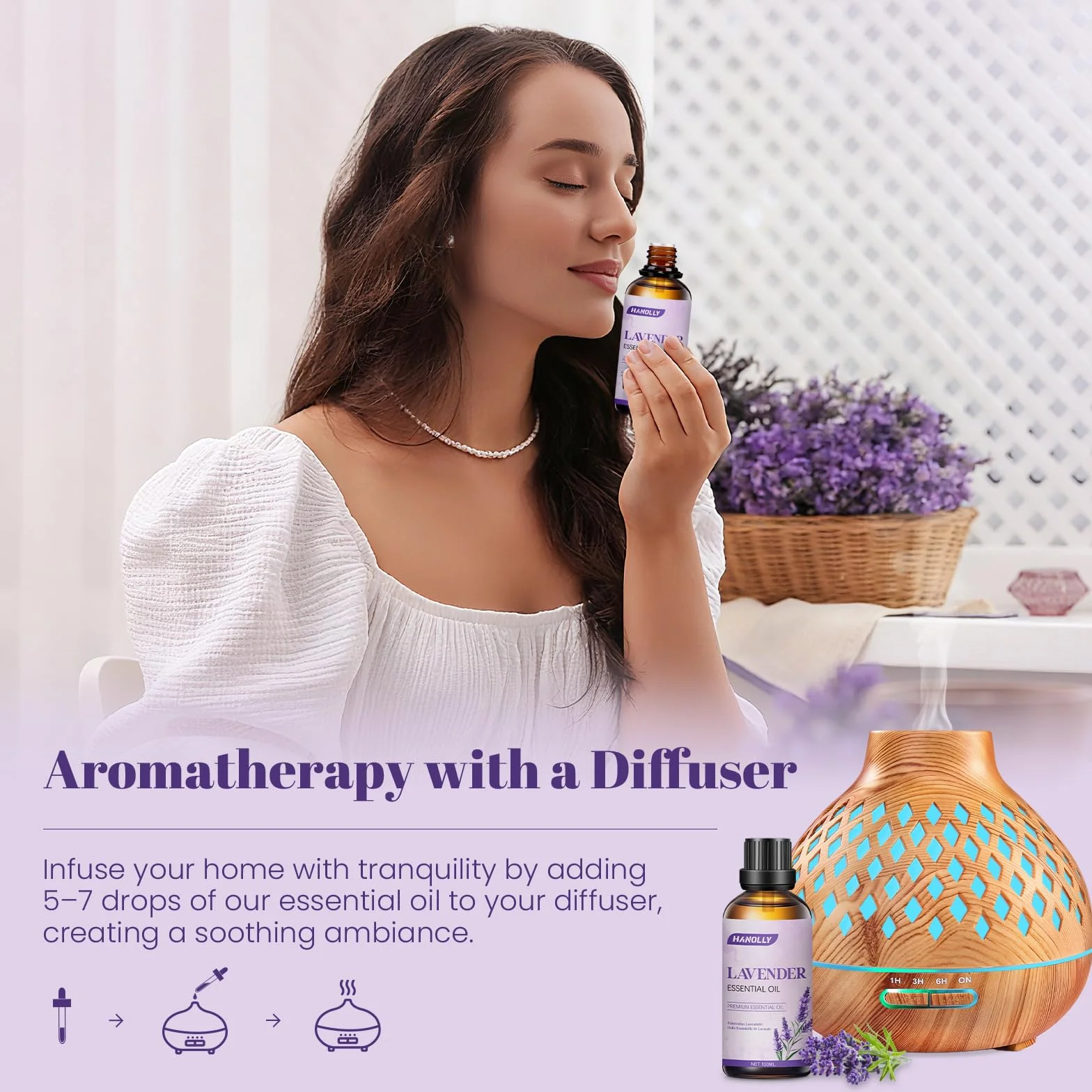 Hanolly Olejek Eteryczny Lawendowy 100 ml, Czysty, Naturalny Olejek Zapachowy Lawendowy Do Dyfuzorów, Aromaterapii, Pielęgnacji Skóry, Świec Zapachowych, Mydła Diy