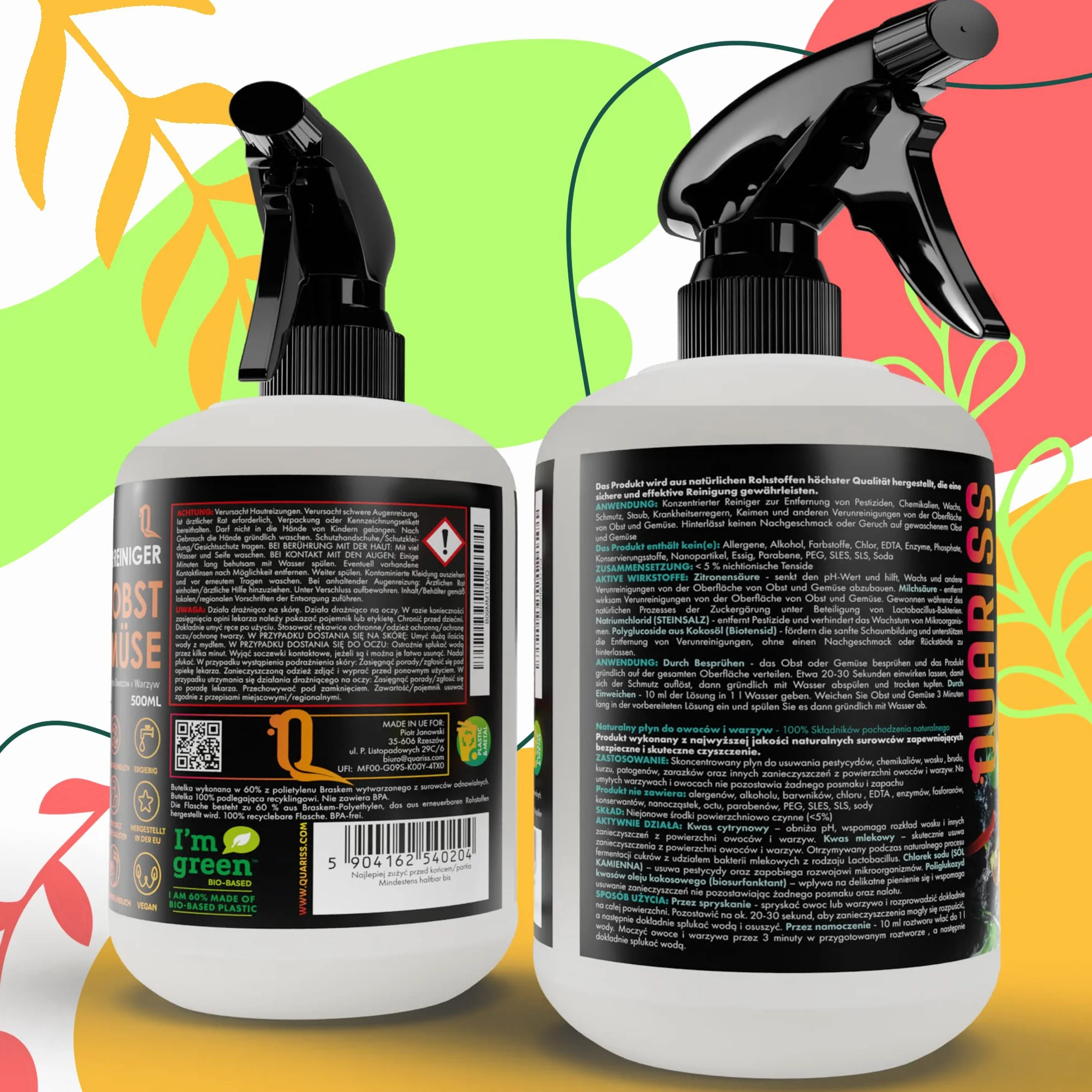 Naturalny środek do czyszczenia owoców i warzyw - Wegański środek do czyszczenia warzyw owoców - Usuwa pył woskowy i inne zanieczyszczenia - 2 X 500ml