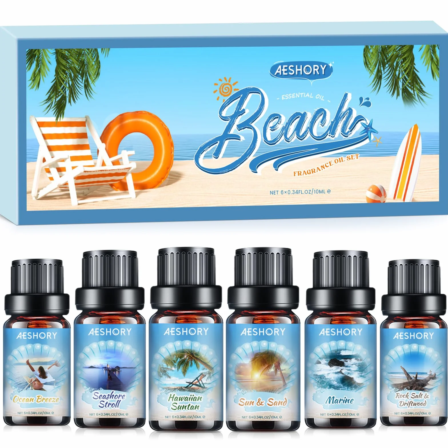 AESHORY Zestaw olejków eterycznych Beach 6 x 10 ml, Olejek zapachowy Summer Aroma Oil do dyfuzora - Hawaiian Suntan, Walk by the Sea, Sea Breeze, Sun & Sand, Rock Salt & Driftwood, Morze