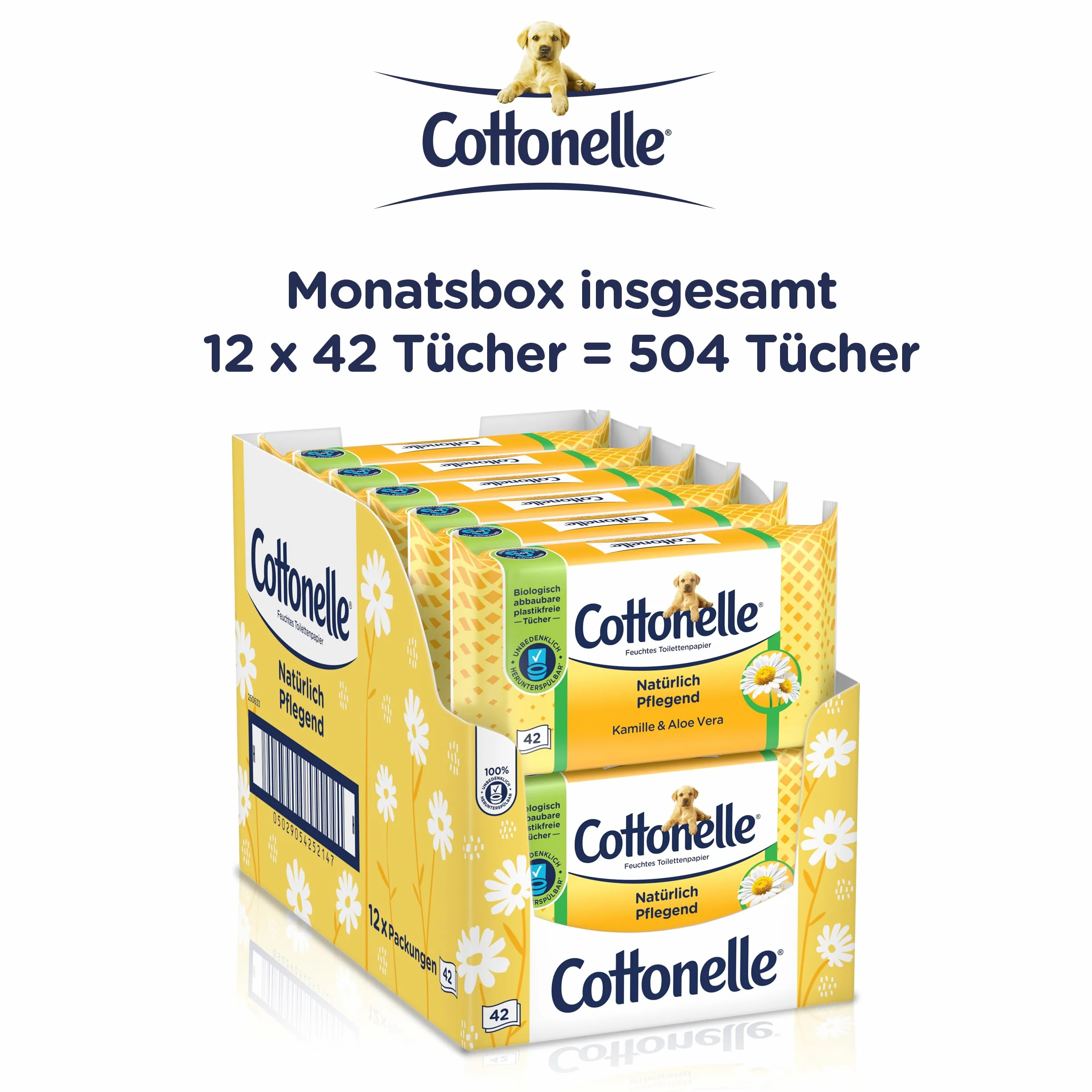 Cottonelle Wilgotny papier toaletowy, naturalnie pielęgnujący – rumianek i aloes, biodegradowalny, nie zawiera plastiku, możliwość ponownego zamknięcia, opakowanie ekonomiczne, 12 x 42 chusteczki