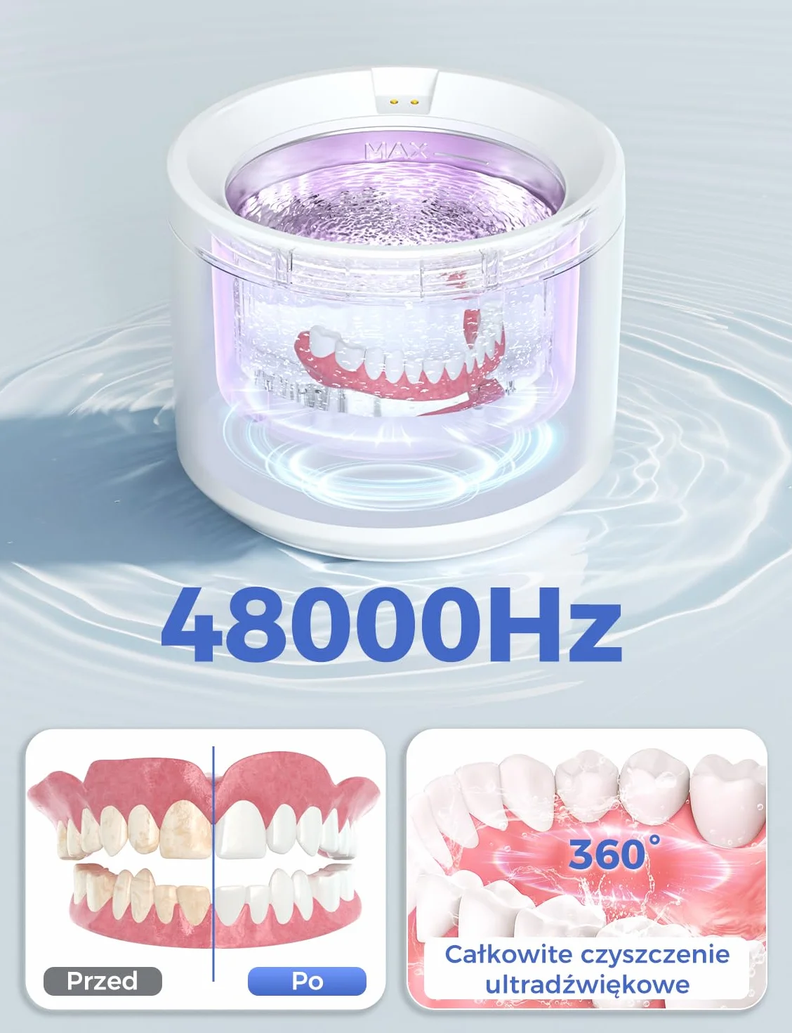 Myjka Ultradźwiękowa 48000HZ, Ultrasonic Retainers Cleaner 200ML z Lampą UV, 24W Urządzenie Do Czyszczenia Ultradźwiękowego do Protez Zębowych/Aparatów Ortodontycznych/Nakładek Invisalign
