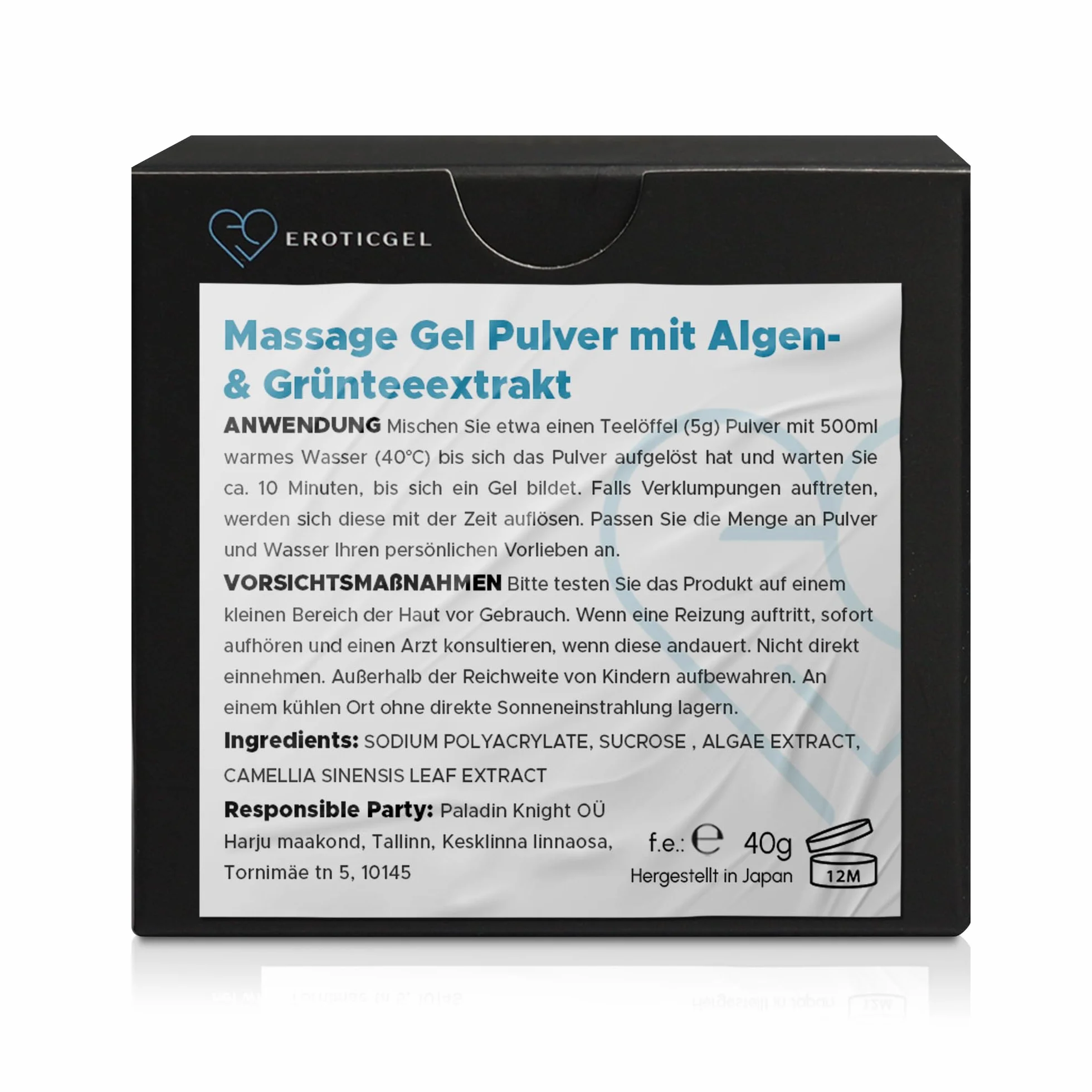 Erotic Massage Gel Powder 40g - Wykonane 4L/1.05 gal z wodorostów i zielonej herbaty. Wyprodukowano w Japonii, nie zawiera parabenów i gliceryny.