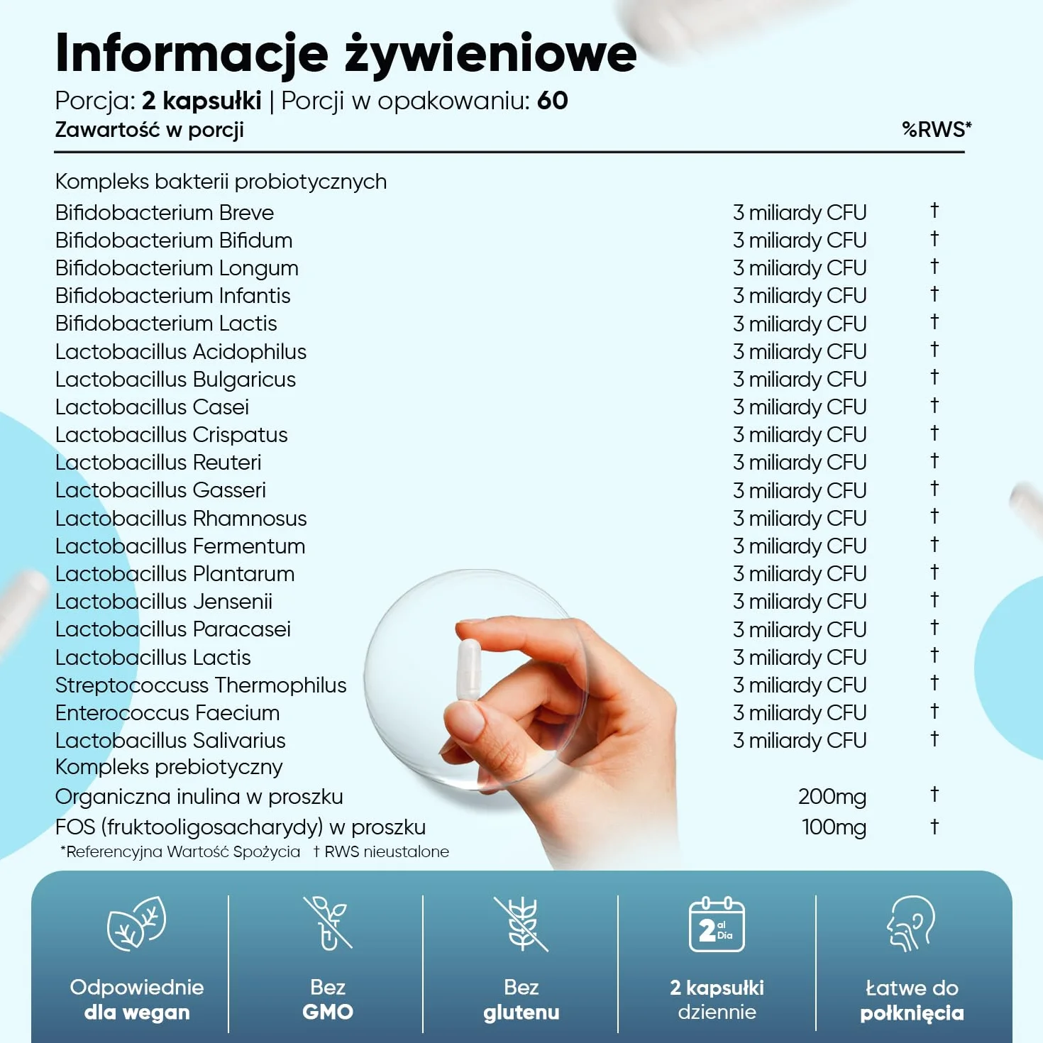 Prebiotyki i probiotyki jelitowe 120 kapsułek 60 miliardów CFU z inuliną i FOS dla wegan bez laktozy i GMO