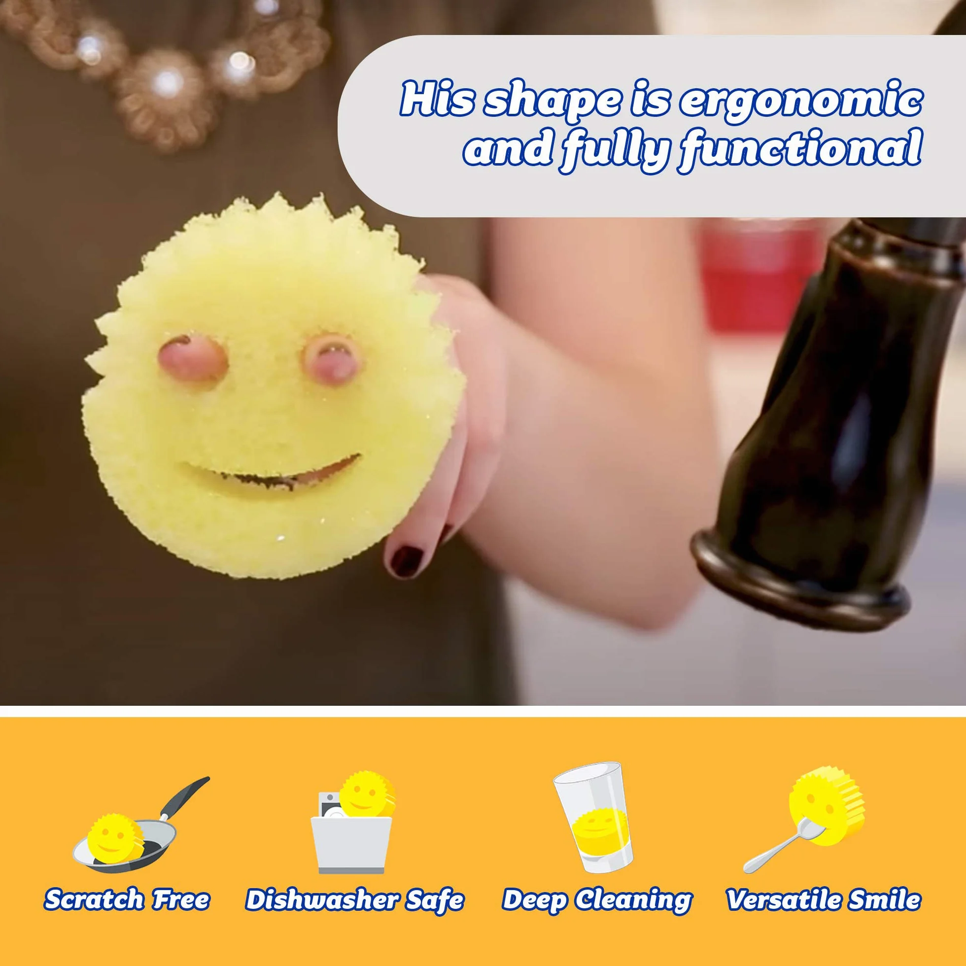 Scrub Daddy Szczotka do mycia naczyń z uchwytem na mydło, głowice uzupełniające, gąbka i głowica łącznika, zmieniająca teksturę gąbka do mycia naczyń z uchwytem w płynie, wbudowany skrobak, żółty