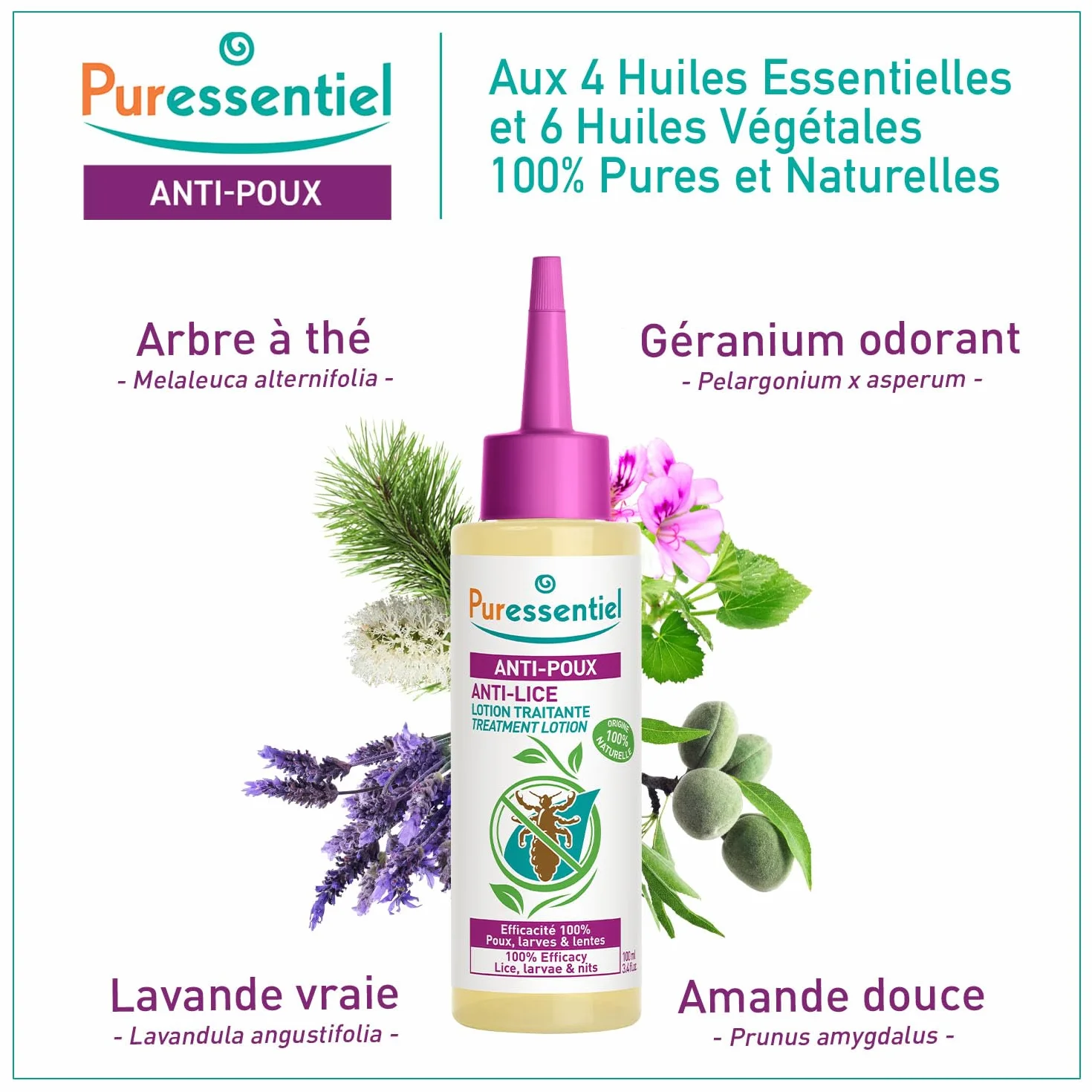 Puressentiel Balsam do leczenia wszy głowowych i grzebień na wszy, zabija 100% wszy, w zaledwie 10 minut, 100% naturalna formuła, łatwy do nałożenia, balsam 100 ml, dla dzieci i dorosłych, bez