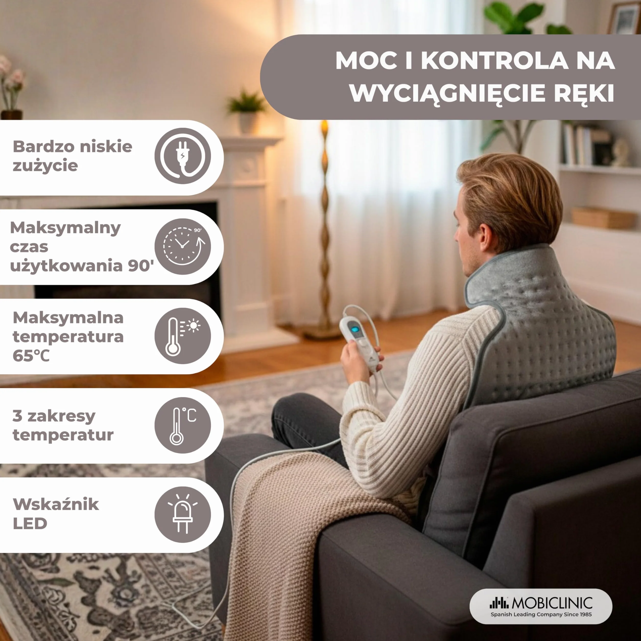 Grzbietowych i szyjny poduszka elektryczna | 62x43 cm | 3 ciepła | Auto Off | Mobiclinic