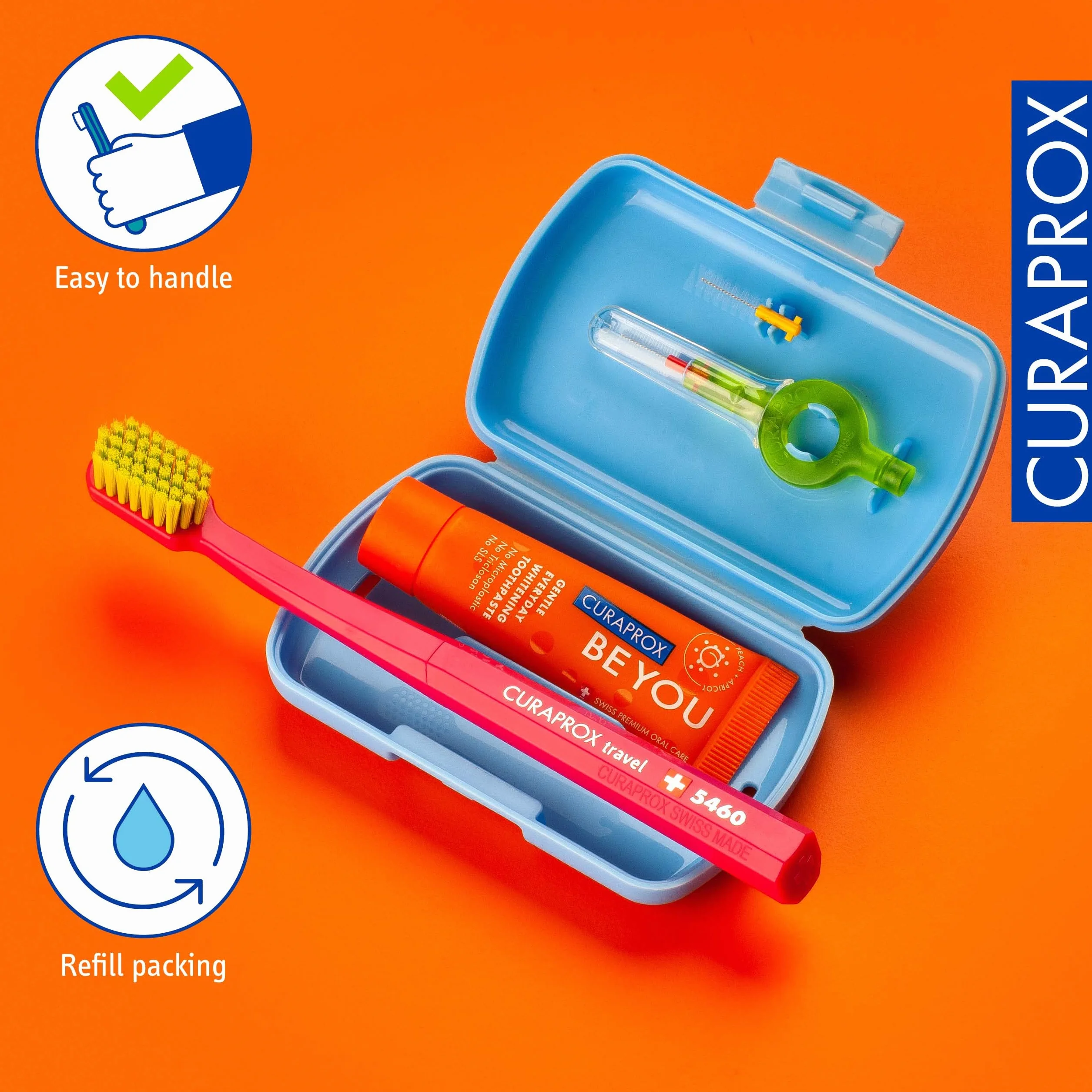 CURAPROX Zestaw Podróżny Szczoteczka CS 5460 z pastą do zębów "Be You" | 2 szczoteczki międzyzębowe CPS Prime 07 i 09 / zestaw do pielęgnacji zębów 9,5 cm x 6 cm/Niebieski/Made in Switzerland