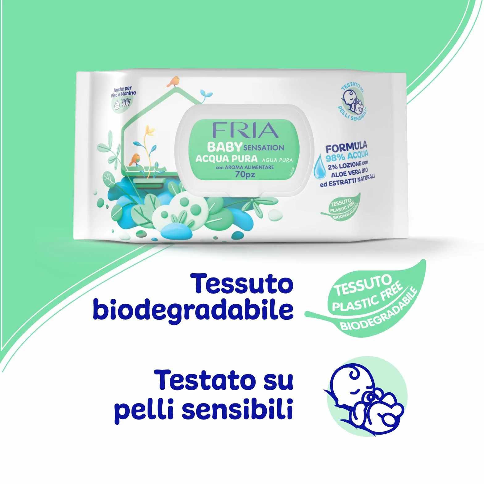 Fria Baby Sensation czysta woda Chusteczki do zmiany pieluch, formuła z 98% oczyszczoną wodą o działaniu oczyszczającym skórę, testowane dermatologicznie, 70 chusteczek