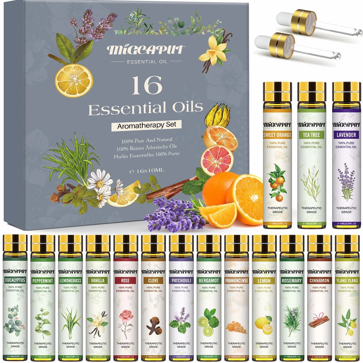 Zestaw Olejków Eterycznych 16 x 10ML, 100% Naturalne Olejki Zapachowe do Aromaterapii, Masażu, SPA - Lawenda, Mięta, Drzewo Herbaciane, Eukaliptus