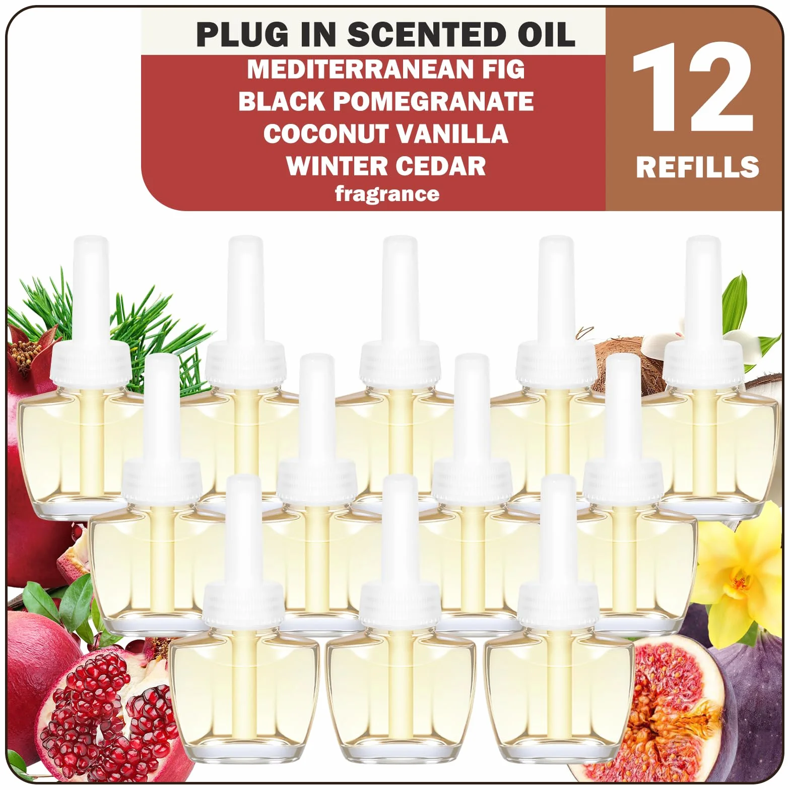 SCENTORINI Flakon z olejkiem zapachowym, kompatybilny z wtyczkami zapachowymi Air Wick i Glade, 12 x 19 ml, figa śródziemnomorska, czarny granat, kokosowa wanilia, cedrowy zimowy zapach do pomieszczeń