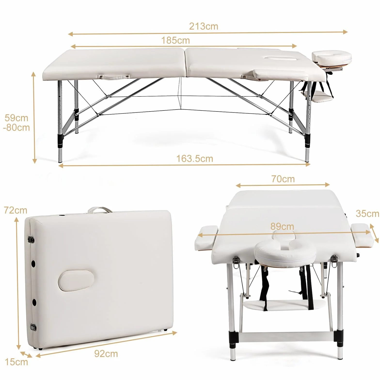 GOPLUS Stół do masażu, 2-strefowy stół do masażu z aluminium, do 250 kg, mobilna ławka do masażu, składana i z regulacją wysokości, 70 cm szerokości, łóżko do masażu z zagłówkiem, podłokietnikami i