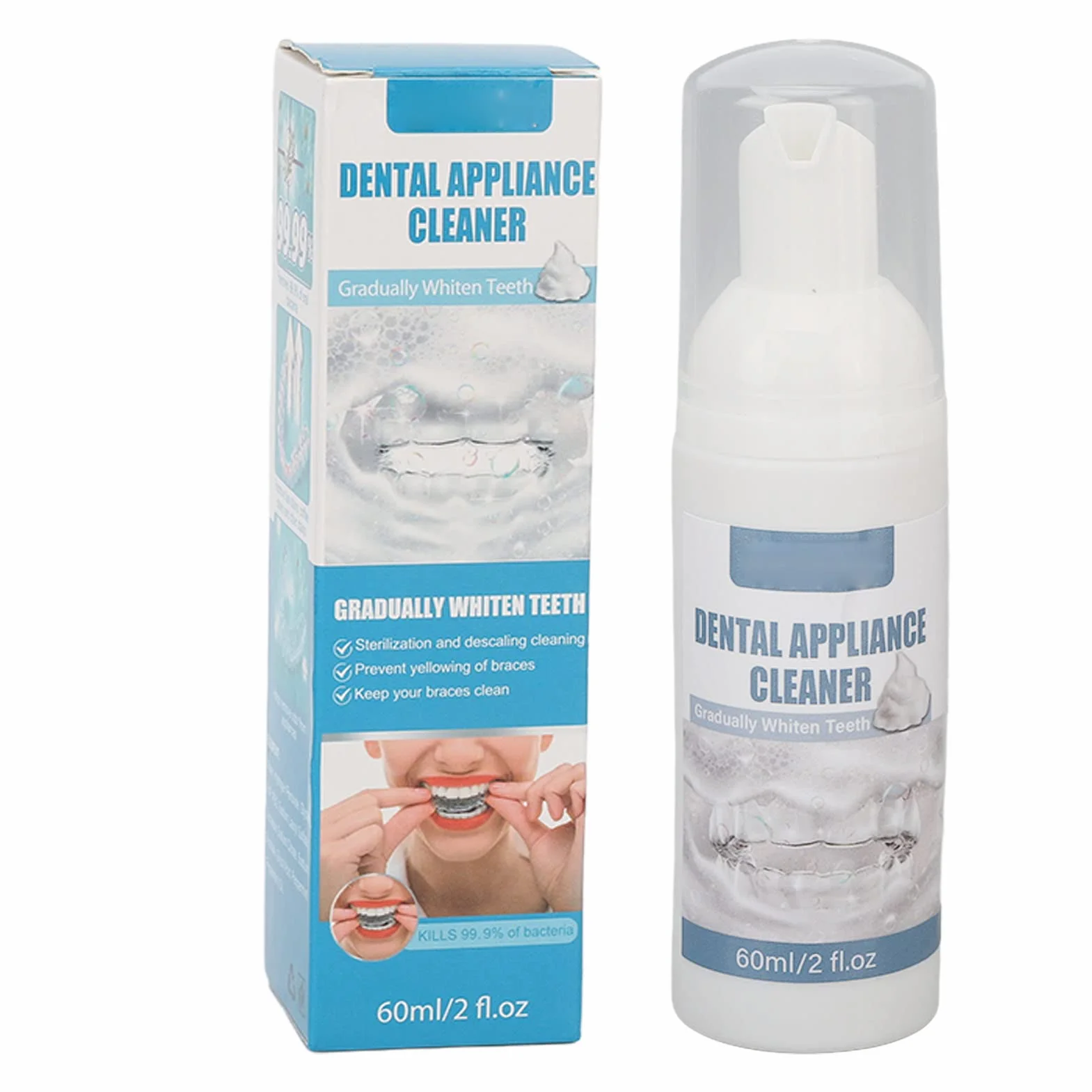 Środek do czyszczenia aparatów ortodontycznych, środek do czyszczenia ochraniaczy na usta, pianka do czyszczenia aparatów jamy ustnej, 2 sztuki 60 ml środek do czyszczenia aparatów ortodontycznych