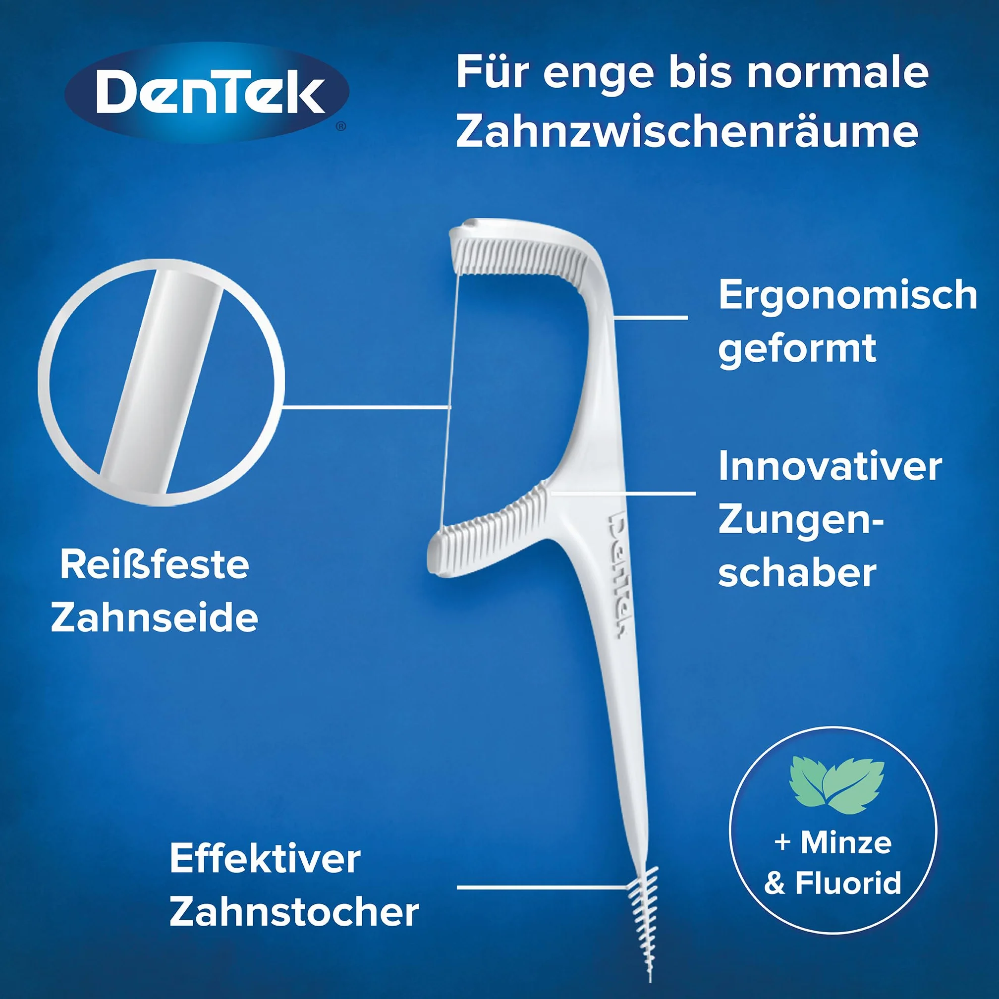 Dentek Complete Clean Patyczki z nicią dentystyczną – odporne na rozerwanie – czyszczenie przestrzeni międzyzębowych – smak miętowy – fluor – skrobak do języka – wykałaczka, 1 x 40 szt.