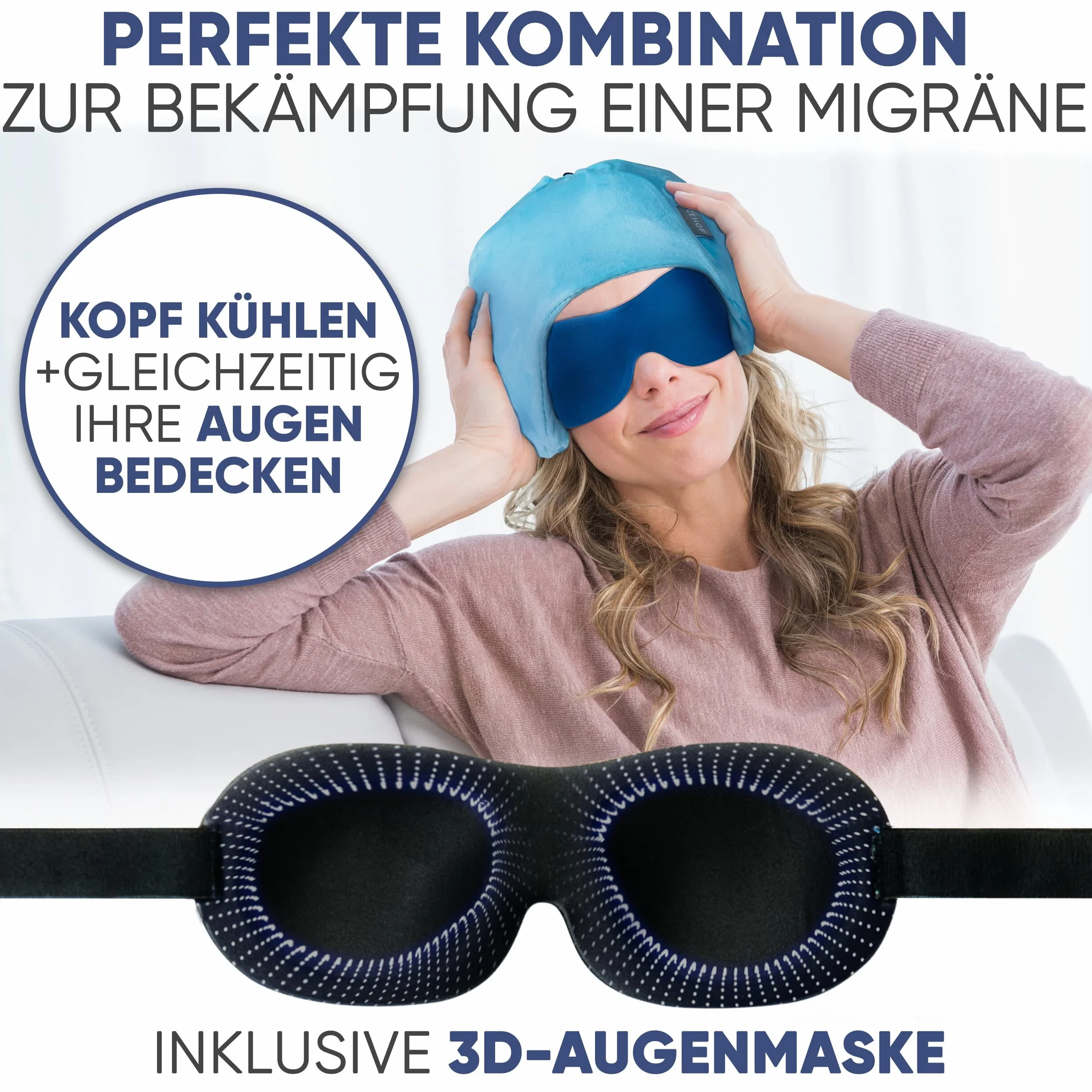 ICEHOF Czapka chłodząca Extra z 4 wkładami chłodzącymi, Maska 3D, chłodząca czapka żelowa do skóry głowy podczas chemioterapii, na migrenę i bóle głowy