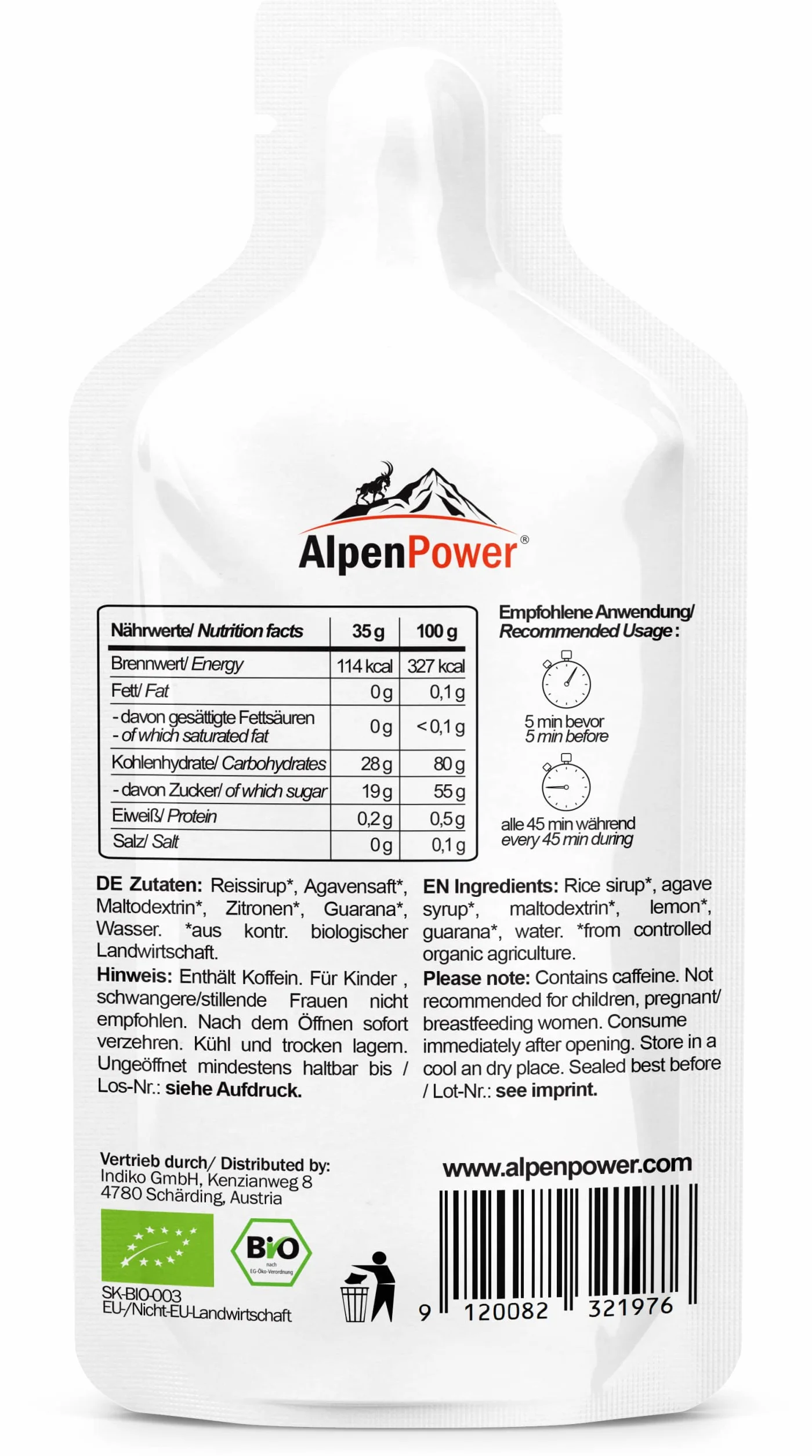 AlpenPower Bio Energy Gel Lemon 12 x 35 g I 100% naturalne składniki, z kofeiną z guarany, szybka i długotrwała energia, bez dodatków, idealny do sportów wytrzymałościowych