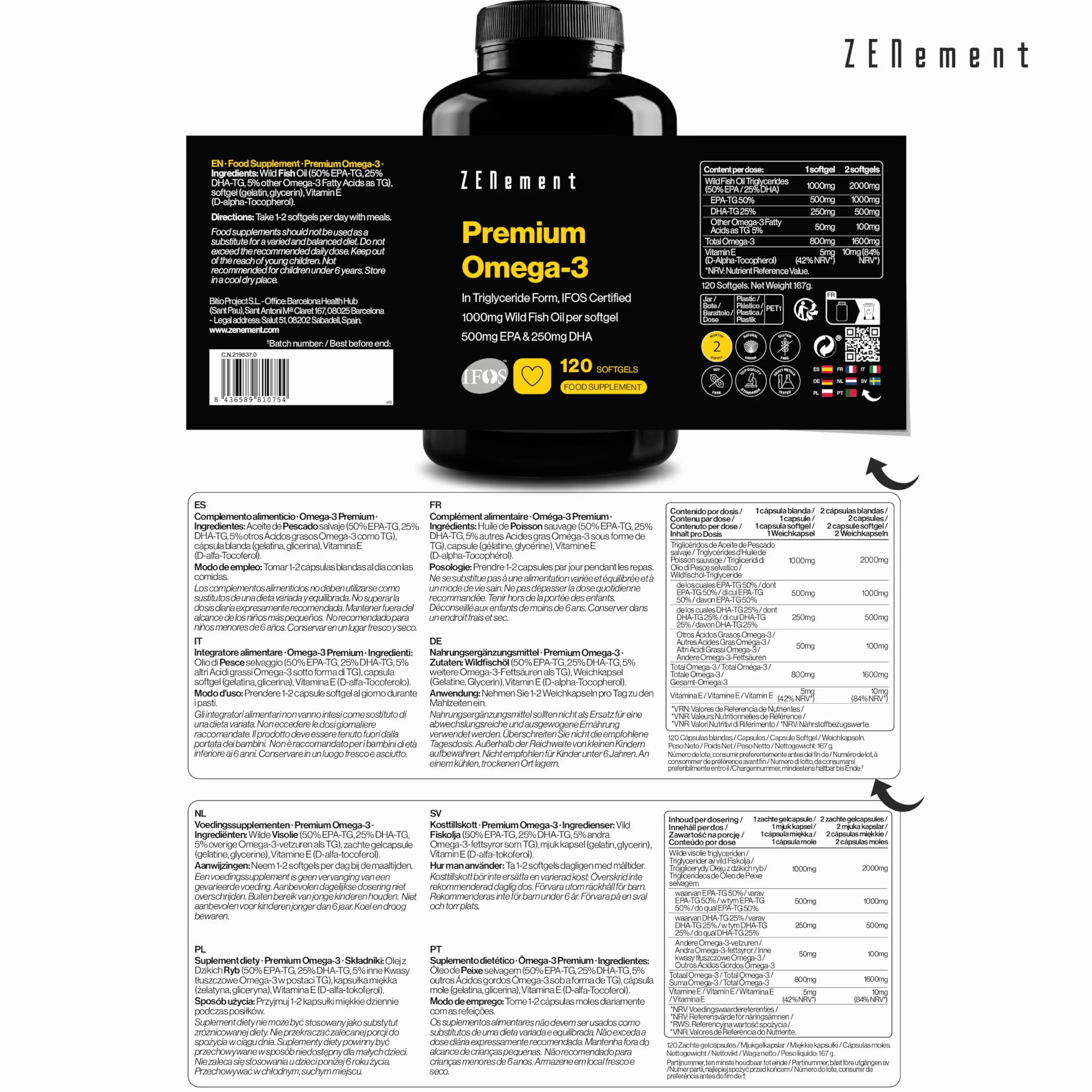 Premium Omega 3 IFOS w Formie Trójglicerydów – 1000 mg EPA + 500 mg DHA na Dzienną Porcję – Olej z Dzikich Ryb Certyfikowany FOS – 120 Kapsułek Miękkich