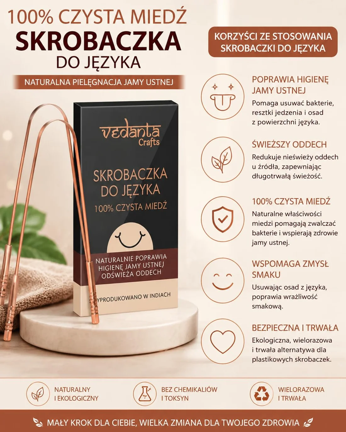 Vedana Crafts miedziany skrobak do języka z czystej miedzi zestaw 2 sztuki – ajurwedyjskie narzędzie do higieny jamy ustnej dla świeżego oddechu i lepszej higieny