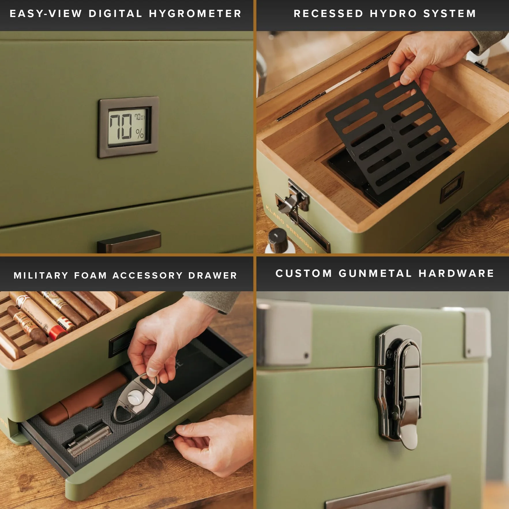 Case Elegance Military Glass Top Humidor, matowy zielony z cyfrowym higrometrem z przodu, hiszpański cedar, rozwiązanie nawilżające, system wody i akcesoria do pianek - Uchwyty (70-100 cygar) firmy