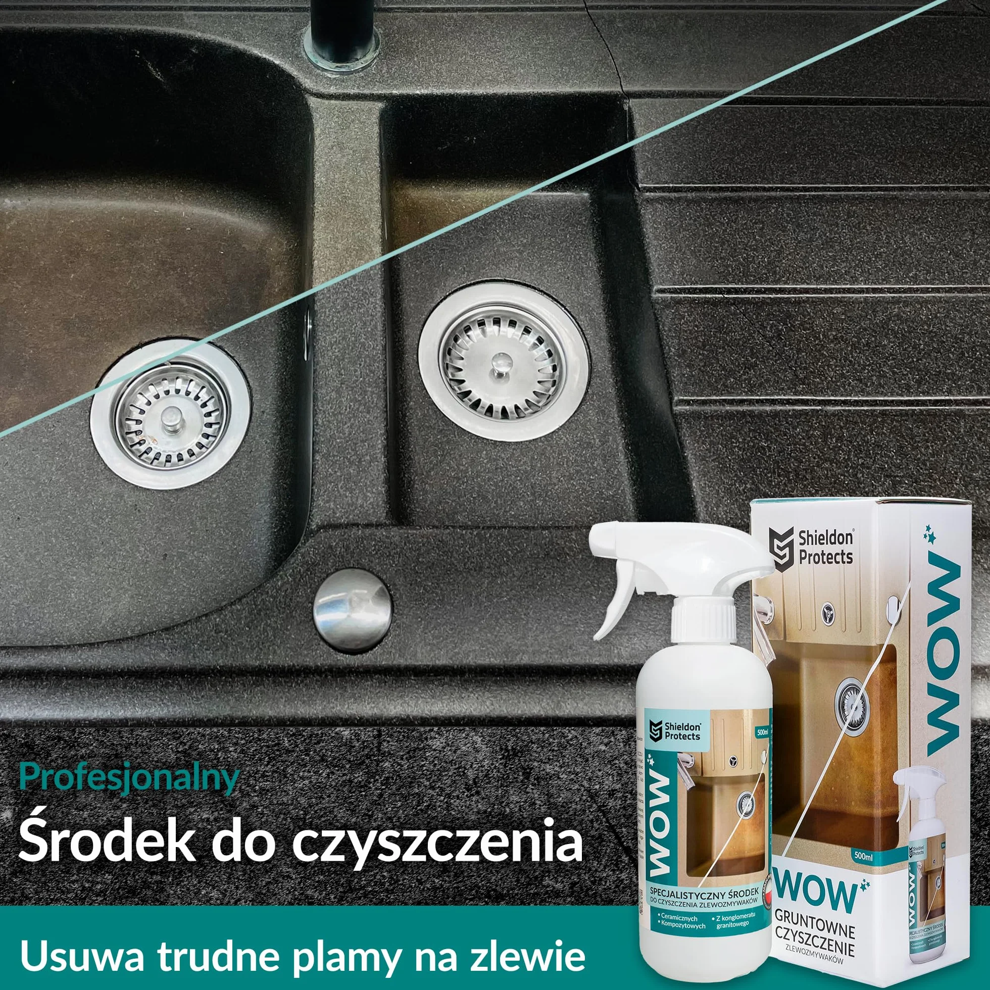Shieldon Protects WOW – środek do czyszczenia zlewozmywaków granitowych 500 ml – usuwa ciemne plamy i przebarwienia bez szorowania – do zlewów ceramicznych, kompozytowych i konglomeratowych