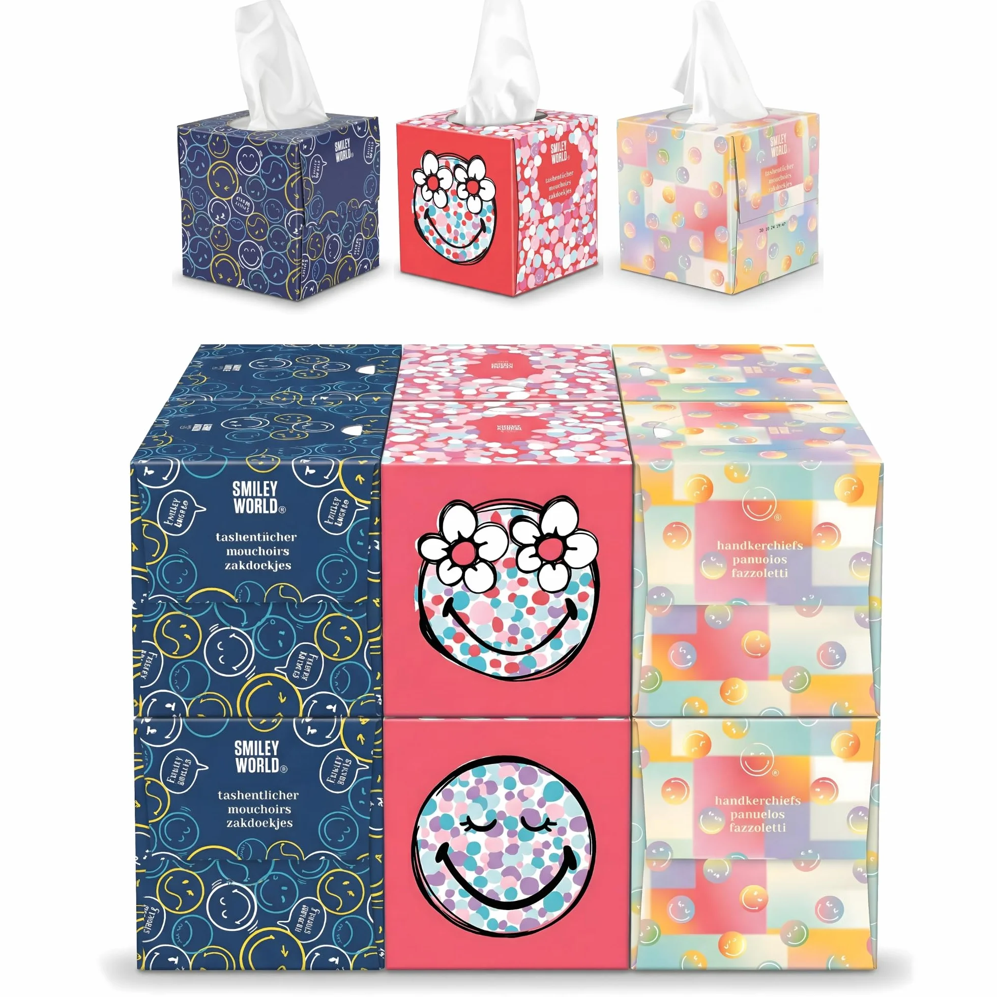 SMILEYWORLD Ultra Soft chusteczki higieniczne – 12 pudełek na kostki x 48 arkuszy (łącznie 576 arkuszy), 3-warstwowe – 3 wzory – bardzo miękkie, przyjazne dla skóry i trwałe – pudełko na chusteczki
