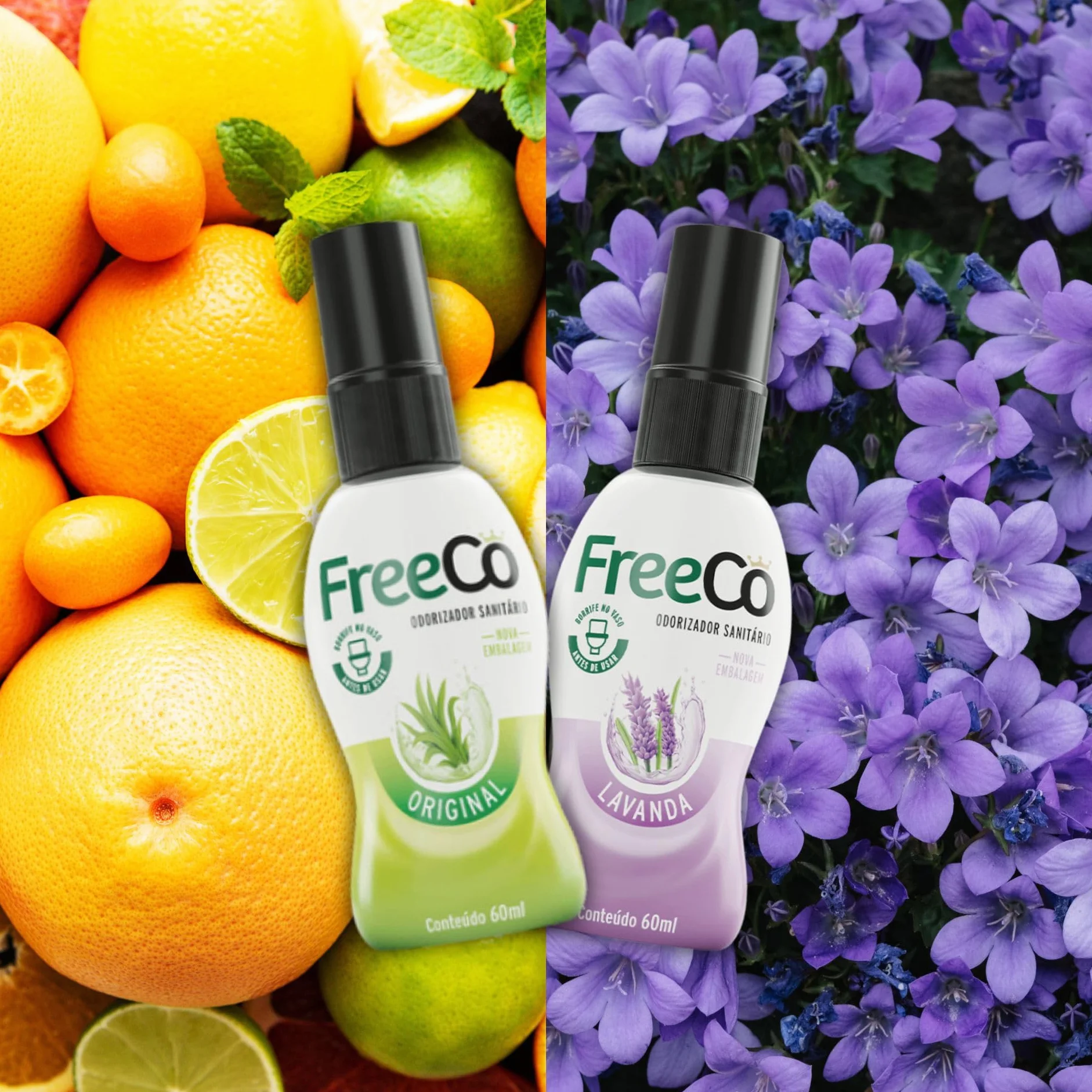FreeCo Spray WC – wstępnie używa się zapachów (Before You Go) | naturalne olejki eteryczne, dom, biuro, restauracja, podróż, opakowanie mieszane 2 x 60 ml, oryginalne owoce cytrusowe + uspokajająca