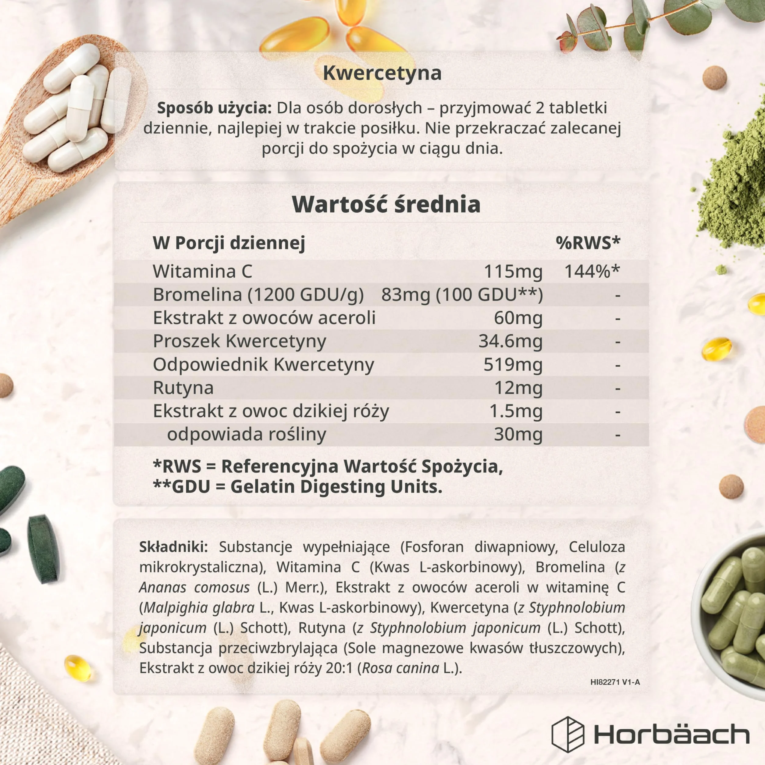 Kwercetyna z Bromelainą 819mg | Kwercetyna z Perełkowca Japońskiego z dodatkiem Bromelainy z Ananasa, Witaminy C, Dzikiej Róży, Aceroli, Rutyny | 120 Tabletek Wegańskich | marki Horbaach