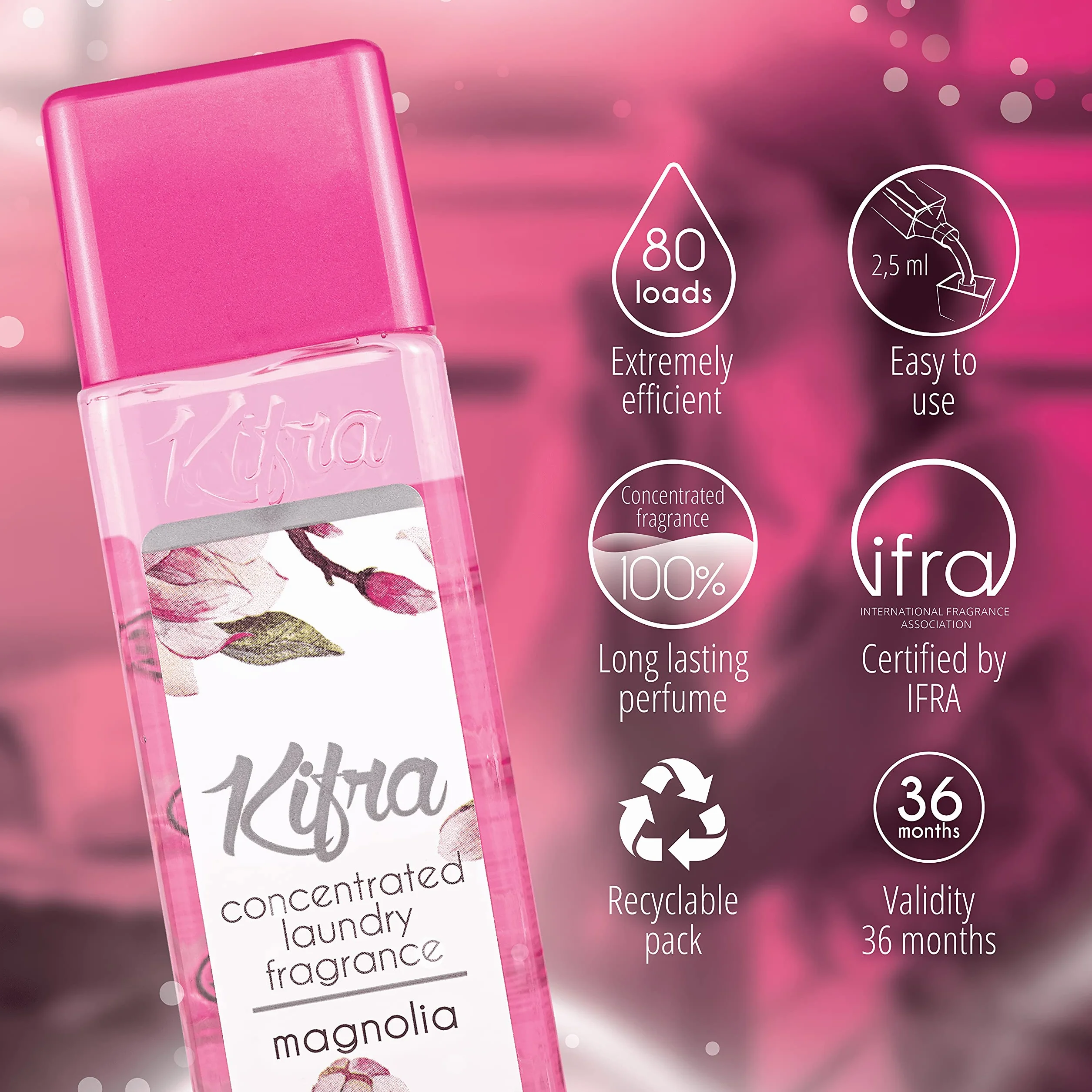 KIFRA Magnolia skoncentrowane perfumy do prania, 200 ml, 80 cykli prania, długotrwały zapach do prania