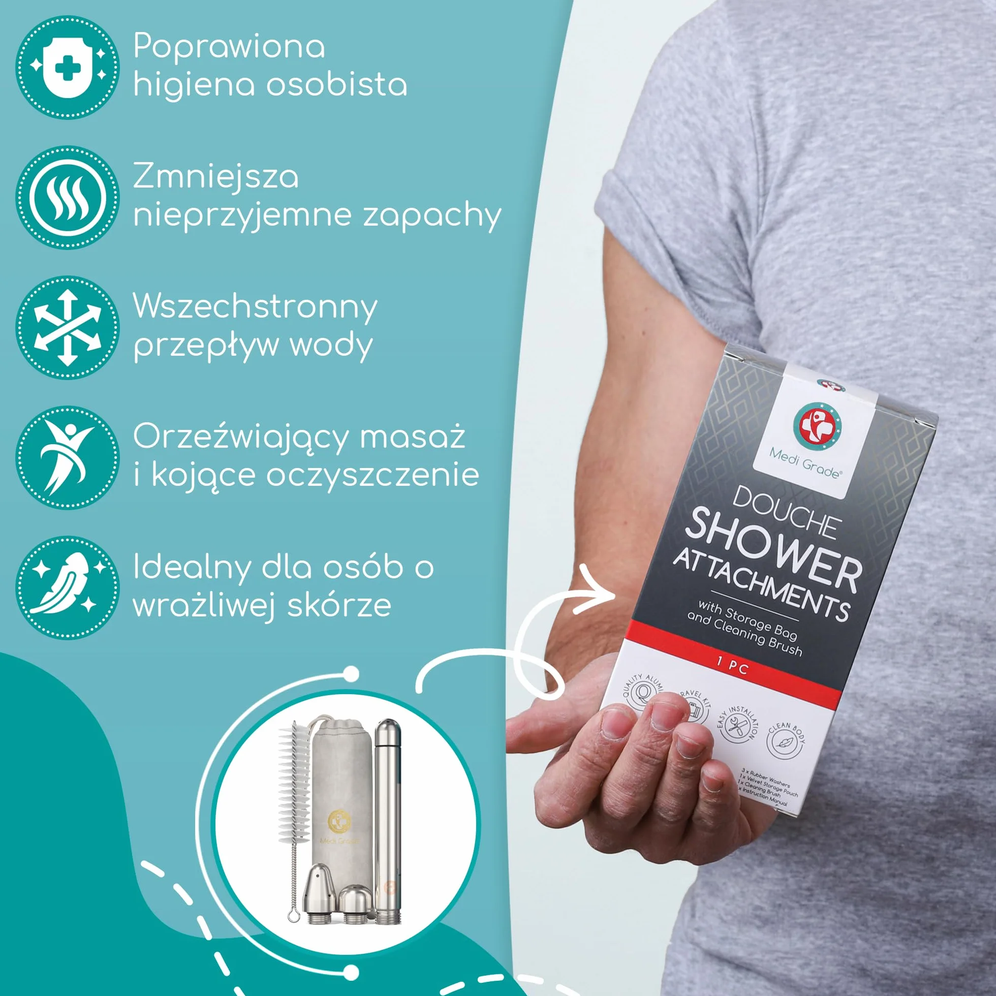 Zestaw do Lewatywy i Obmywania pod Prysznic [8szt] Aluminium do Higieny Intymnej Medi Grade - Nasadka do Prysznica do Lewatywy Unisex - Z Aksamitną Torebką do Przechowywania, Szczoteczką i Ściereczką