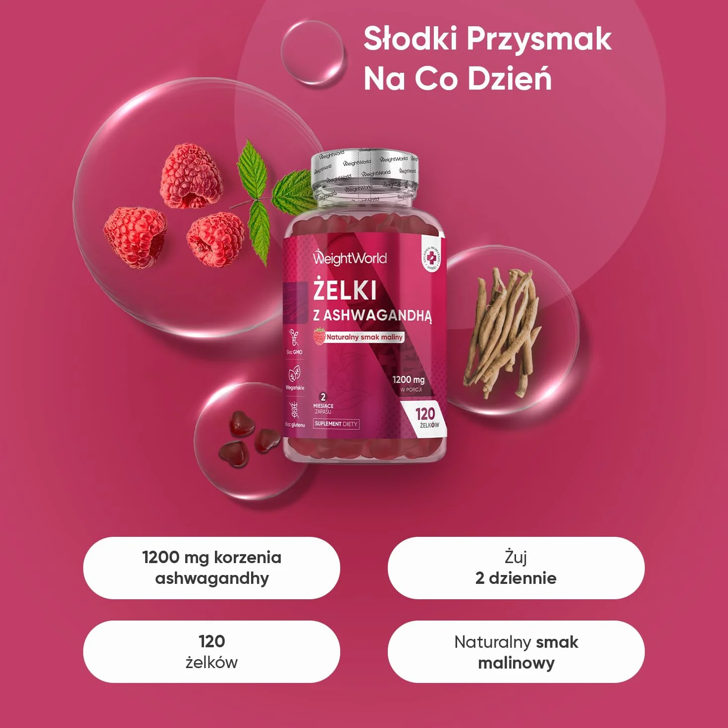 Ashwagandha Żelki 1200 mg – 120 wegańskich żelek o smaku malinowym – pyszne i wygodne – Ajurwedyjski suplement z Withania Somnifera, bez glutenu, bez laktozy, bez GMO, zapas na 2 miesiące