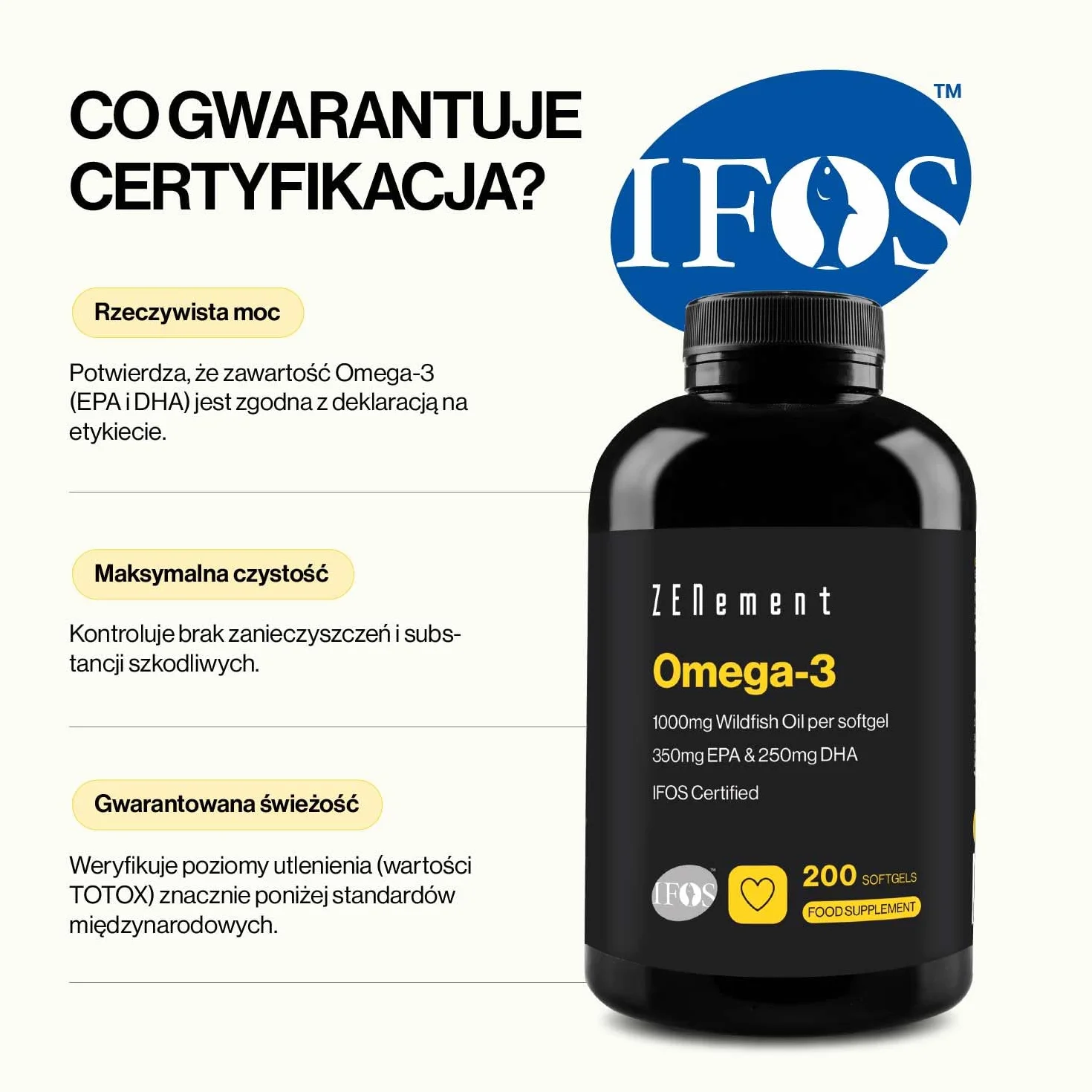 Omega 3 IFOS – 2000 mg (EPA 700 mg + DHA 500 mg) na dzienną porcję (2 softgels) – Utrzymuje prawidłowy poziom triglicerydów – Z naturalną witaminą E o działaniu antyoksydacyjnym – Zenement