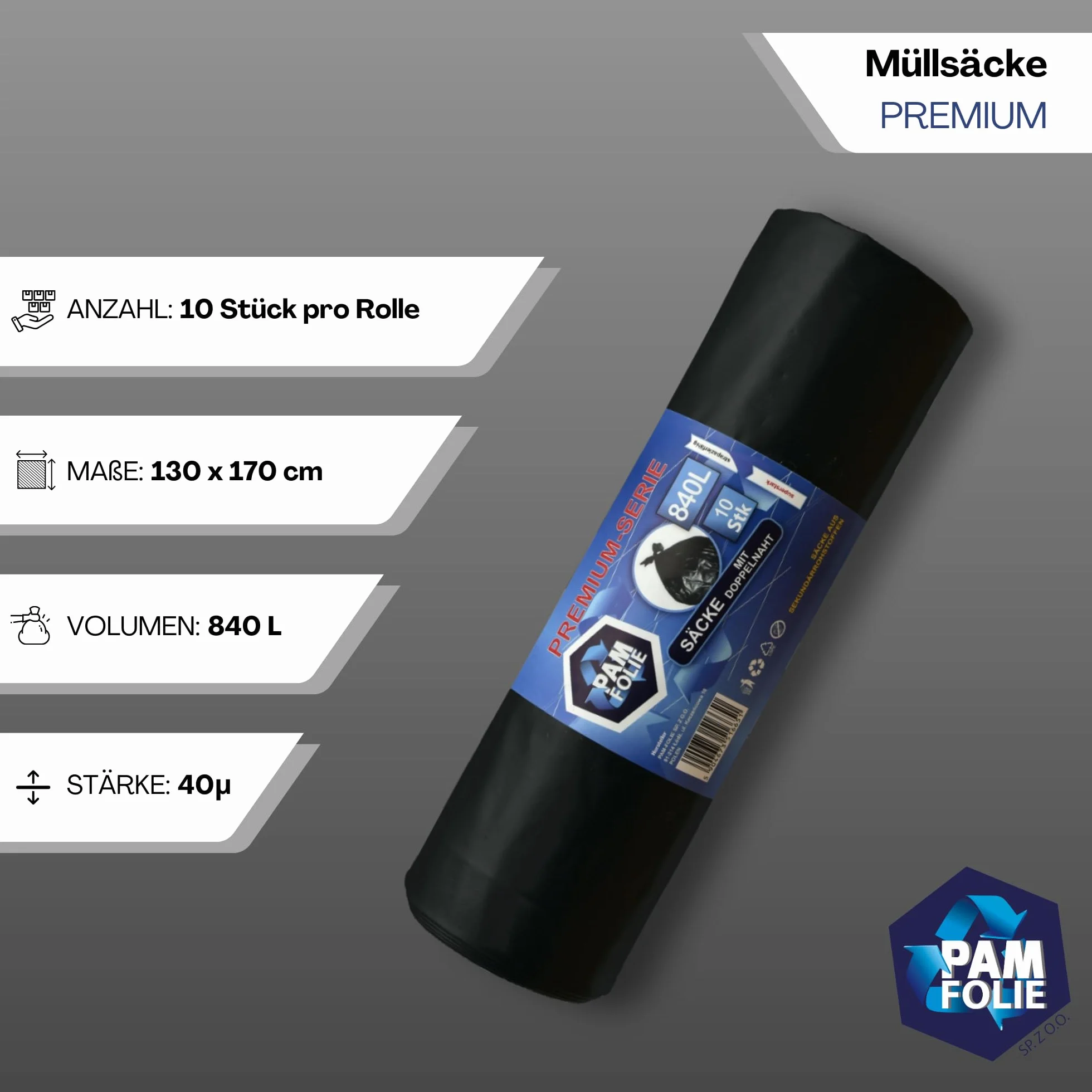 Worki Na Śmieci 840L - 10 Sztuk XXL - Duże Worki Na Odpady Budowlane Premium - 130x170cm - 40µm - Czarny Pojemnik Na Śmieci - Styropian