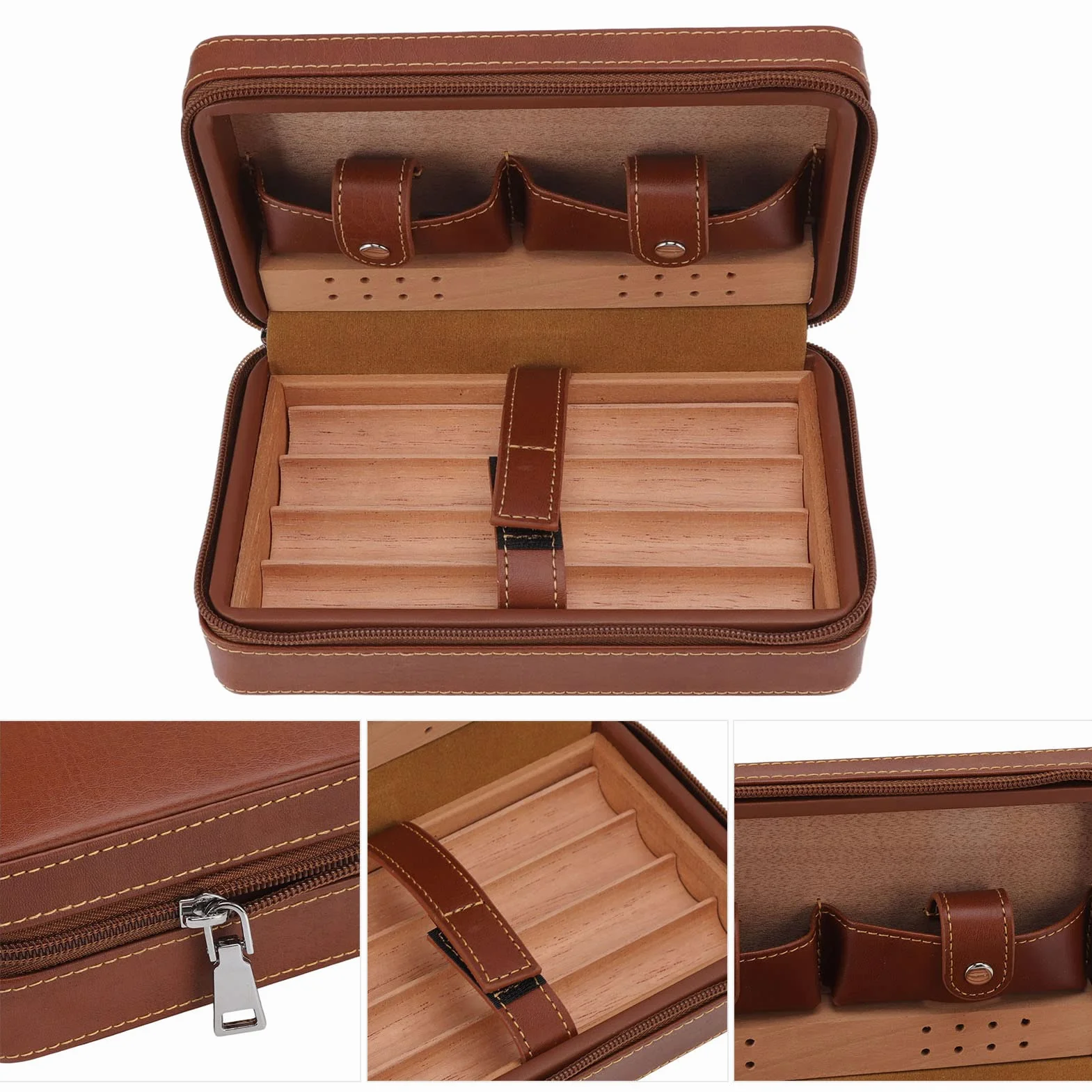 Przenośny humidor na cygara z nawilżaczem, skórzany zestaw Cedar Wood, na 4 cygara